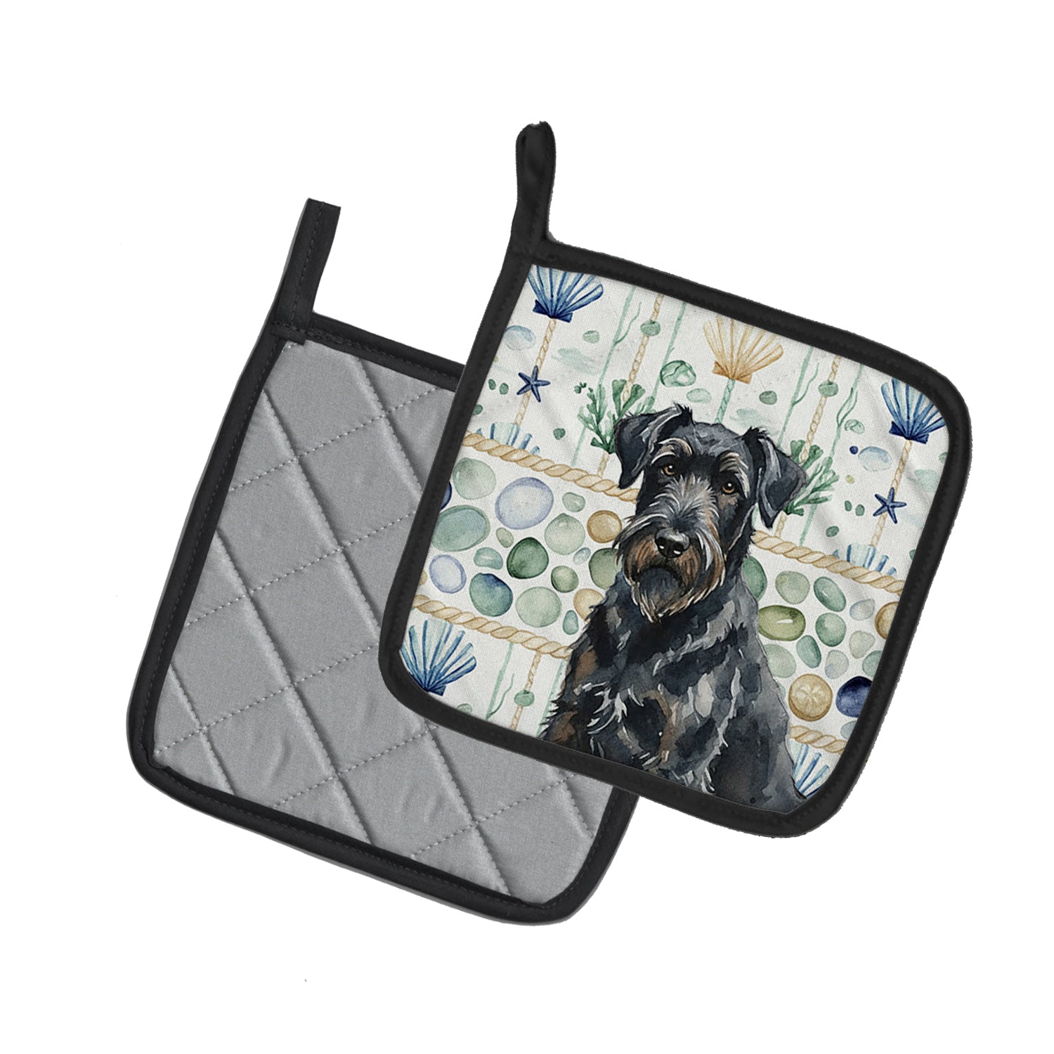 Caroline's Treasures Black Russian Terrier Coastal Sea Glass Pair of Pot Holders