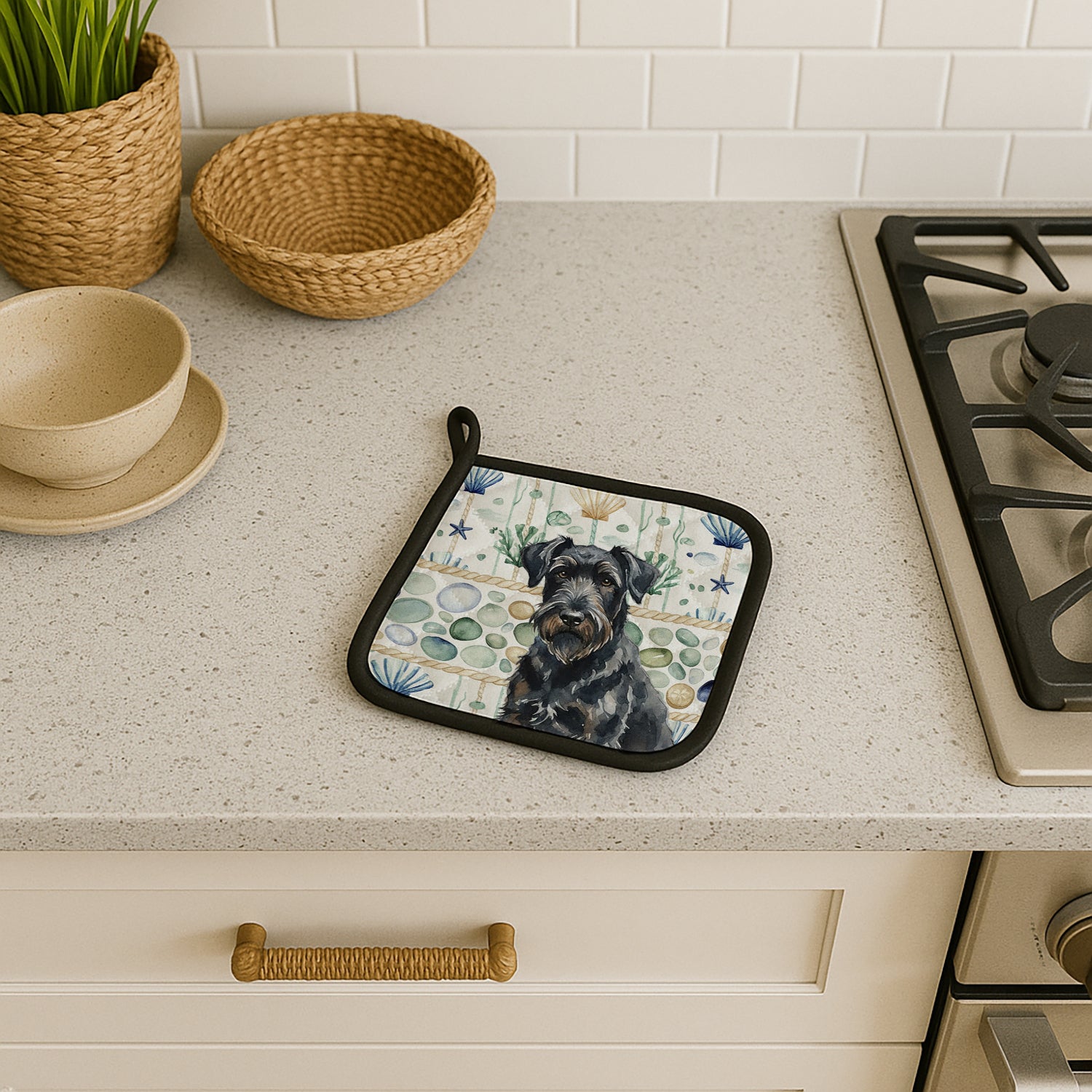 Caroline's Treasures Black Russian Terrier Coastal Sea Glass Pair of Pot Holders