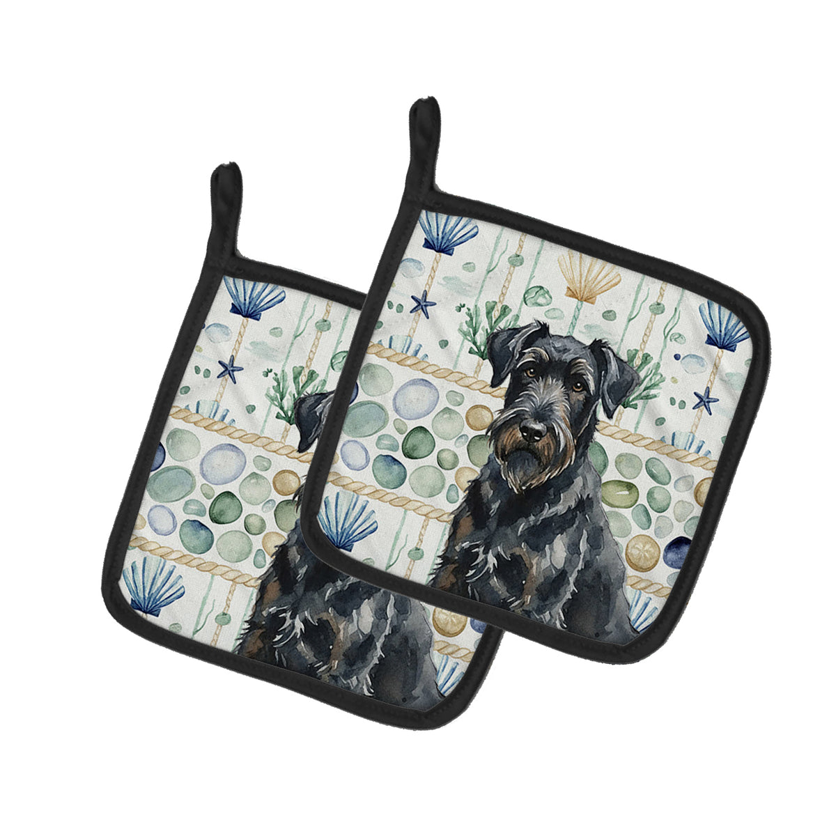 Caroline's Treasures Black Russian Terrier Coastal Sea Glass Pair of Pot Holders