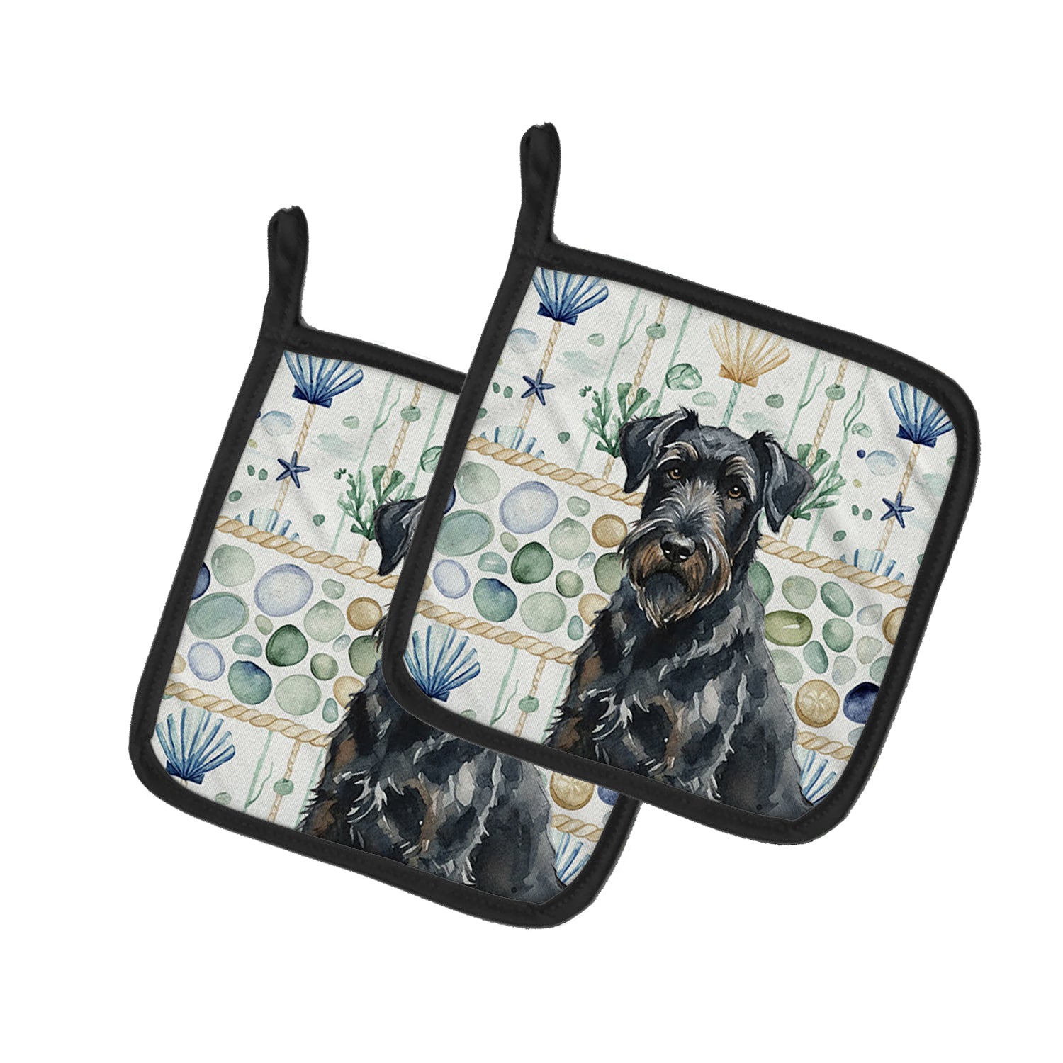 Caroline's Treasures Black Russian Terrier Coastal Sea Glass Pair of Pot Holders
