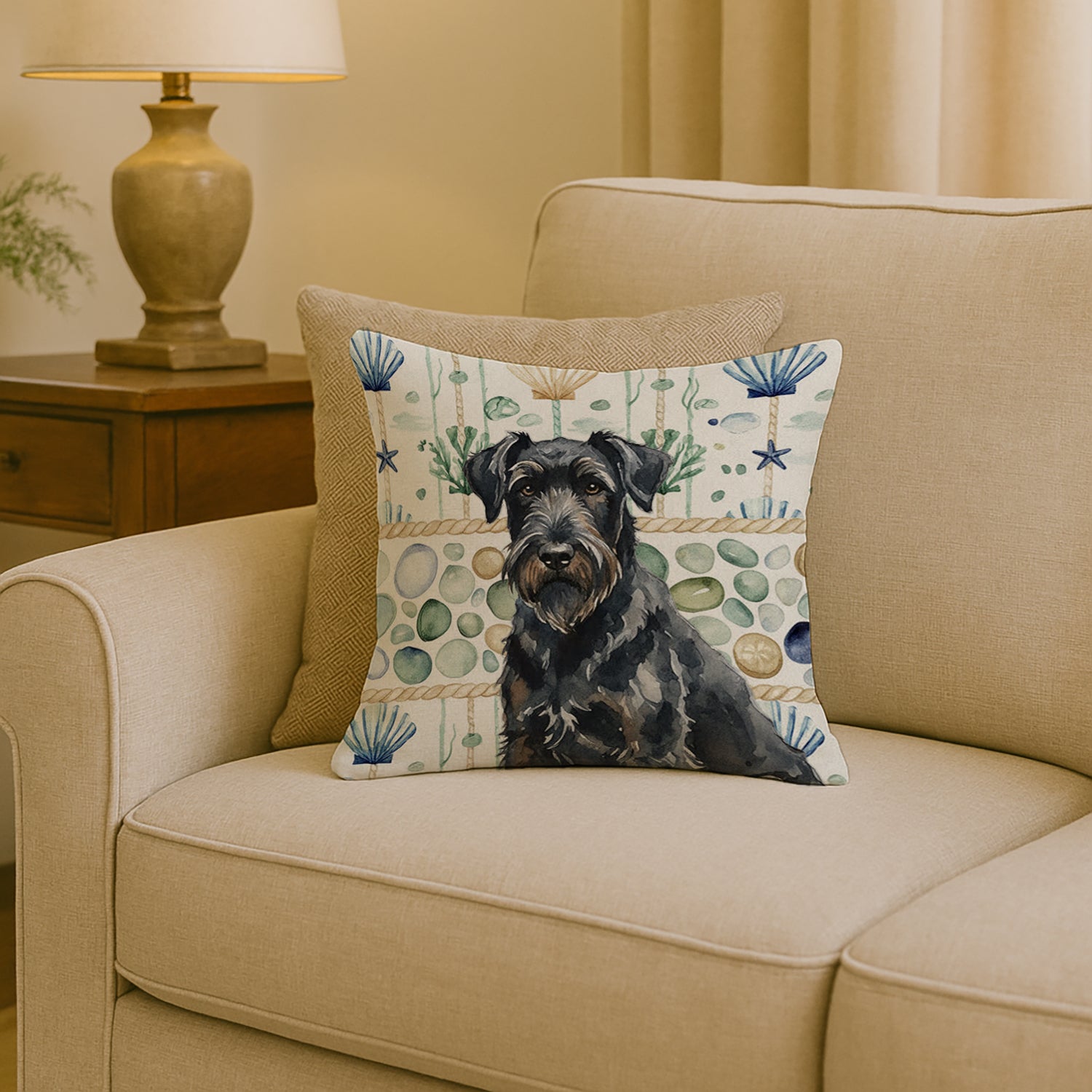 Caroline's Treasures Black Russian Terrier Coastal Sea Glass Throw Pillow