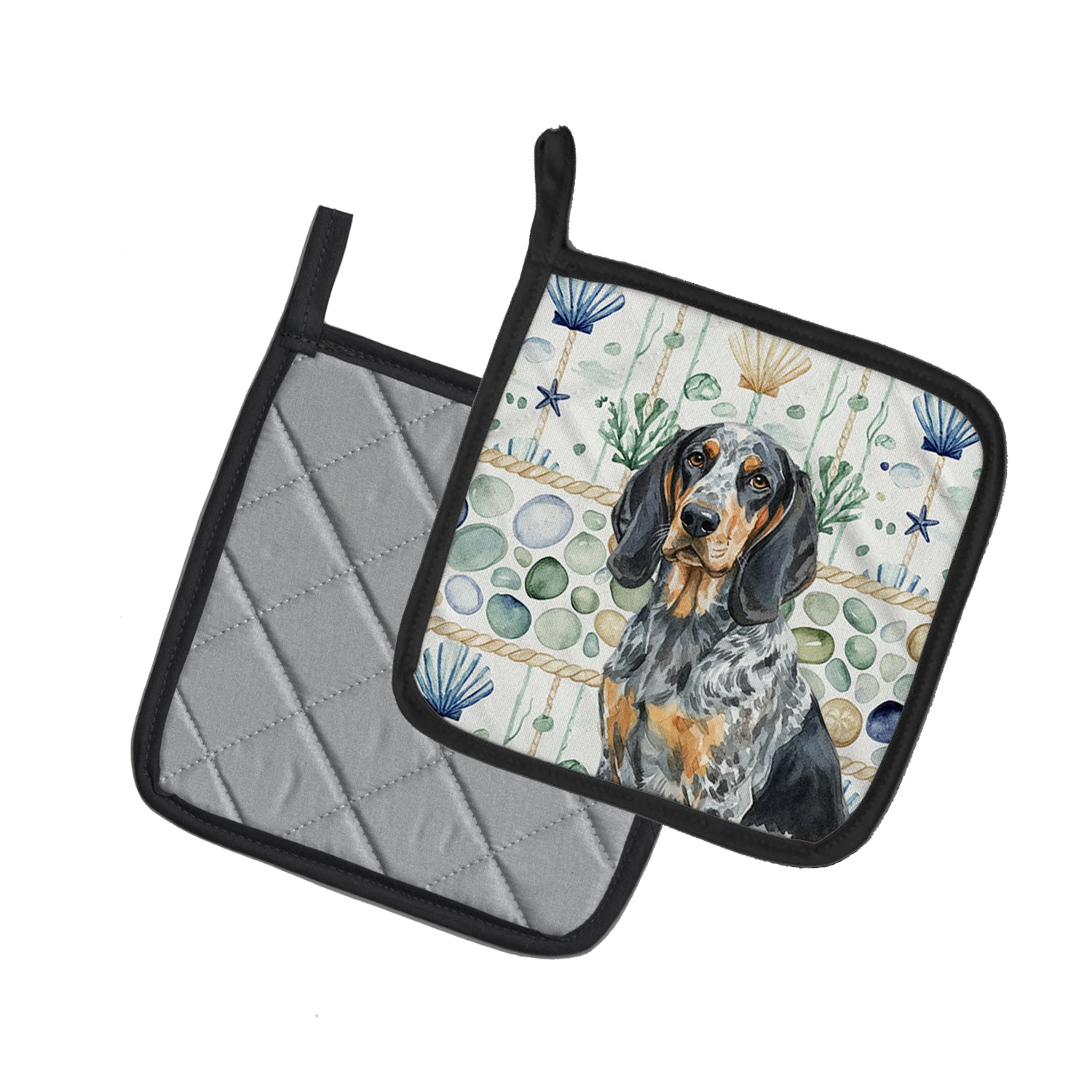 Caroline's Treasures Bluetick Coonhound Coastal Sea Glass Pair of Pot Holders