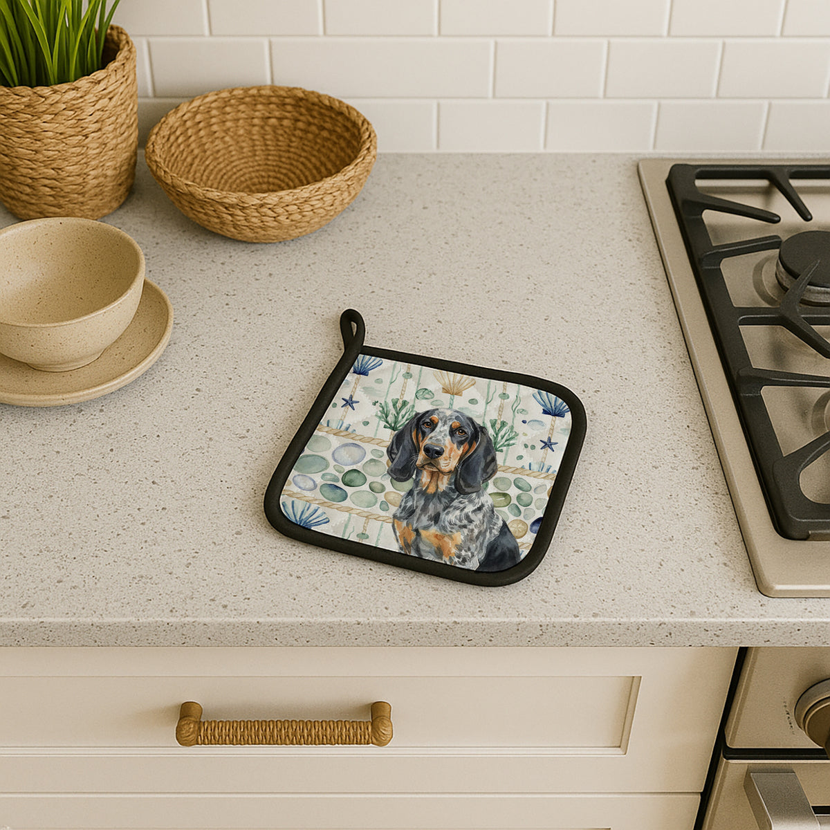 Caroline's Treasures Bluetick Coonhound Coastal Sea Glass Pair of Pot Holders