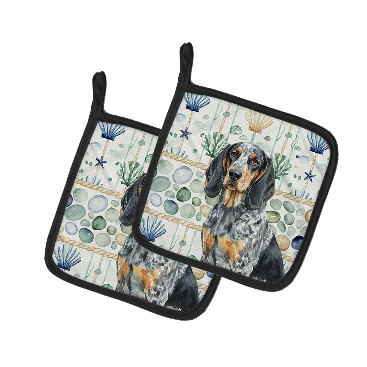 Caroline's Treasures Bluetick Coonhound Coastal Sea Glass Pair of Pot Holders