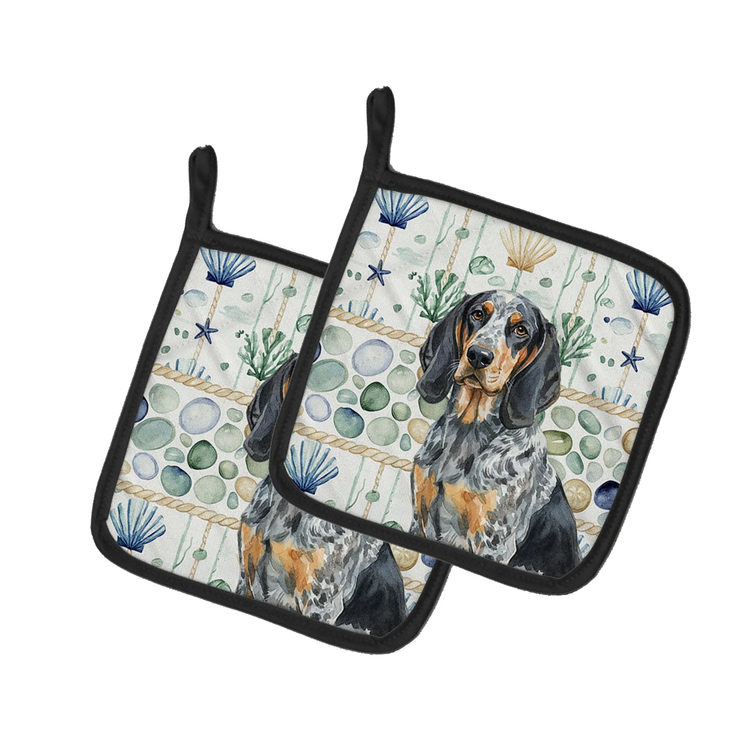 Caroline's Treasures Bluetick Coonhound Coastal Sea Glass Pair of Pot Holders