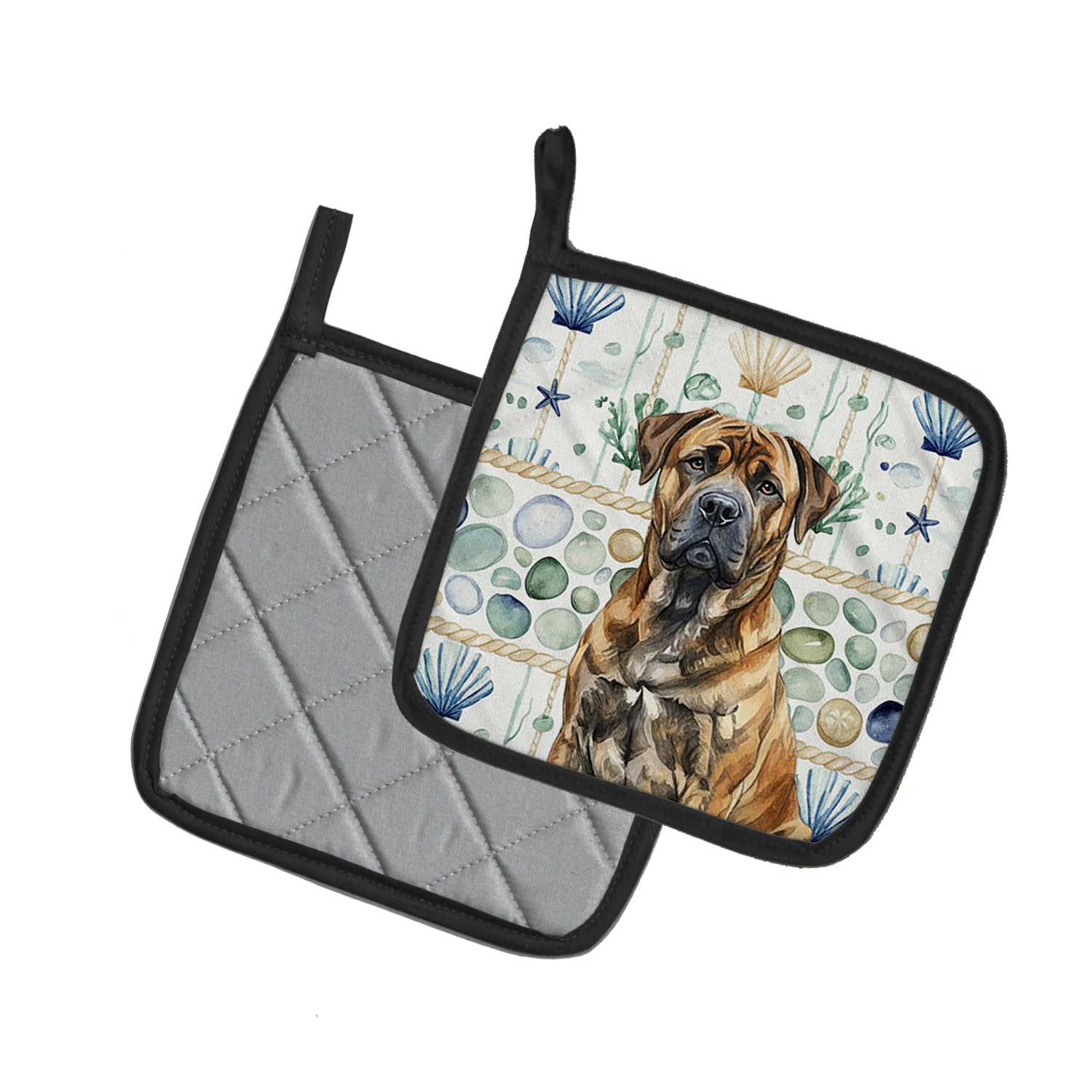 Caroline's Treasures Brindle Boerboel Coastal Sea Glass Pair of Pot Holders