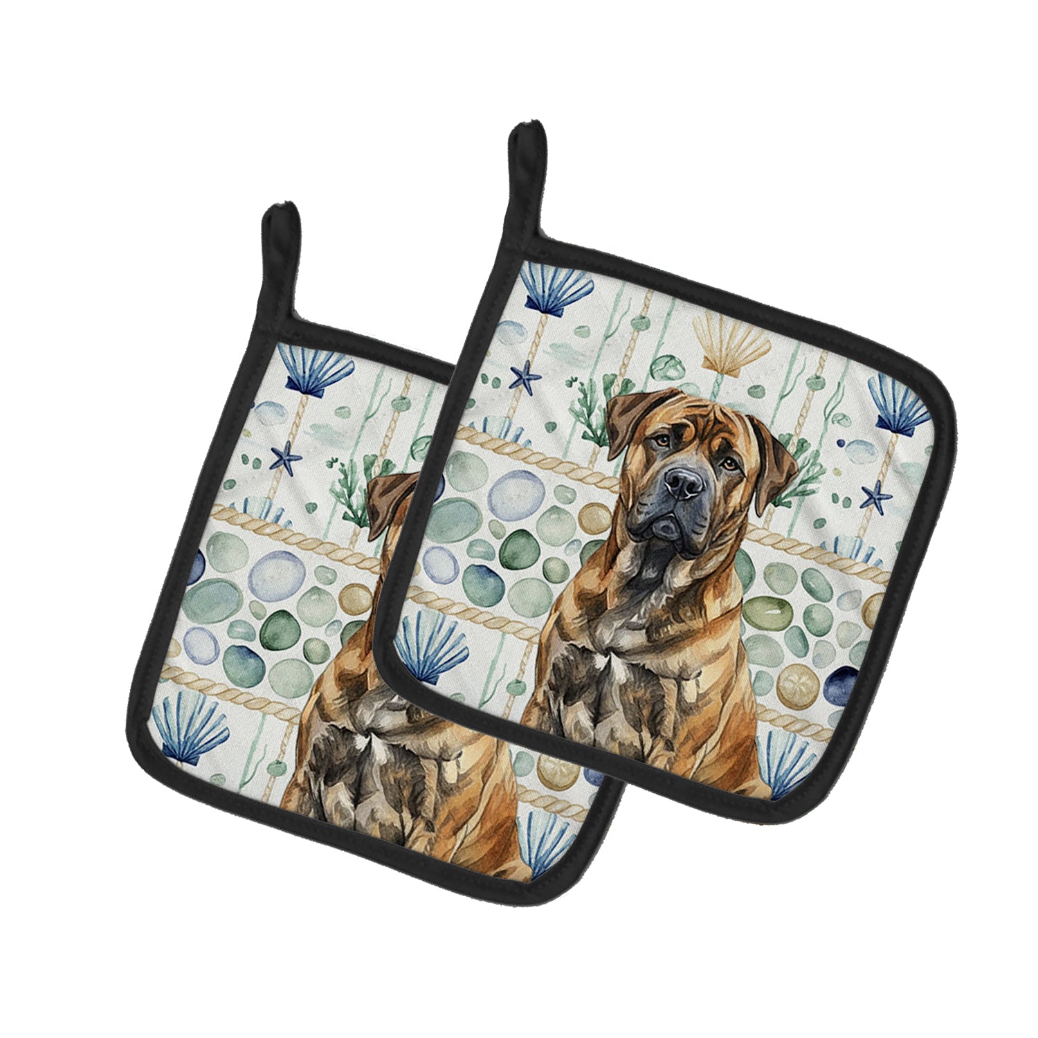 Caroline's Treasures Brindle Boerboel Coastal Sea Glass Pair of Pot Holders