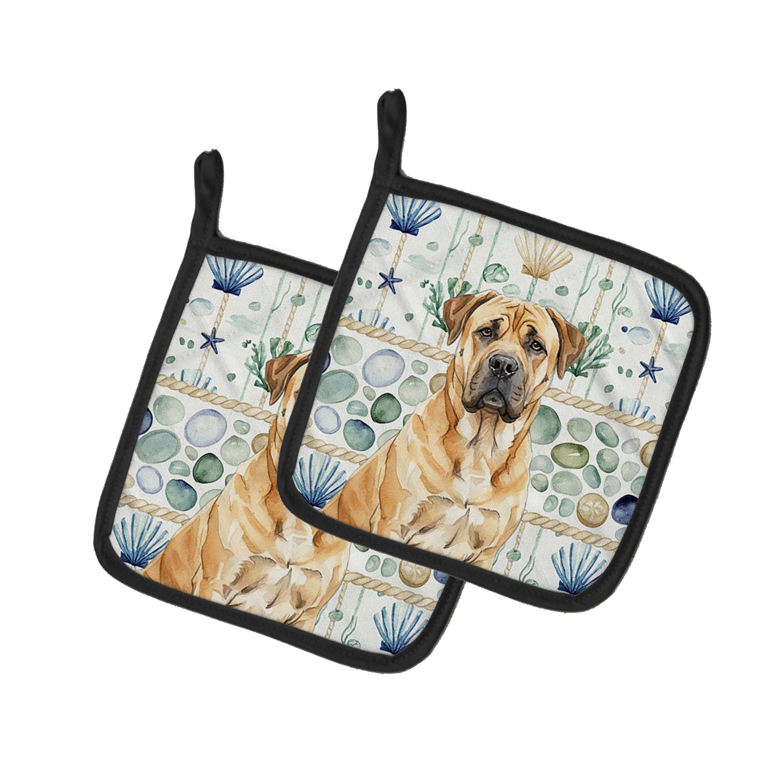 Caroline's Treasures Fawn Boerboel Coastal Sea Glass Pair of Pot Holders