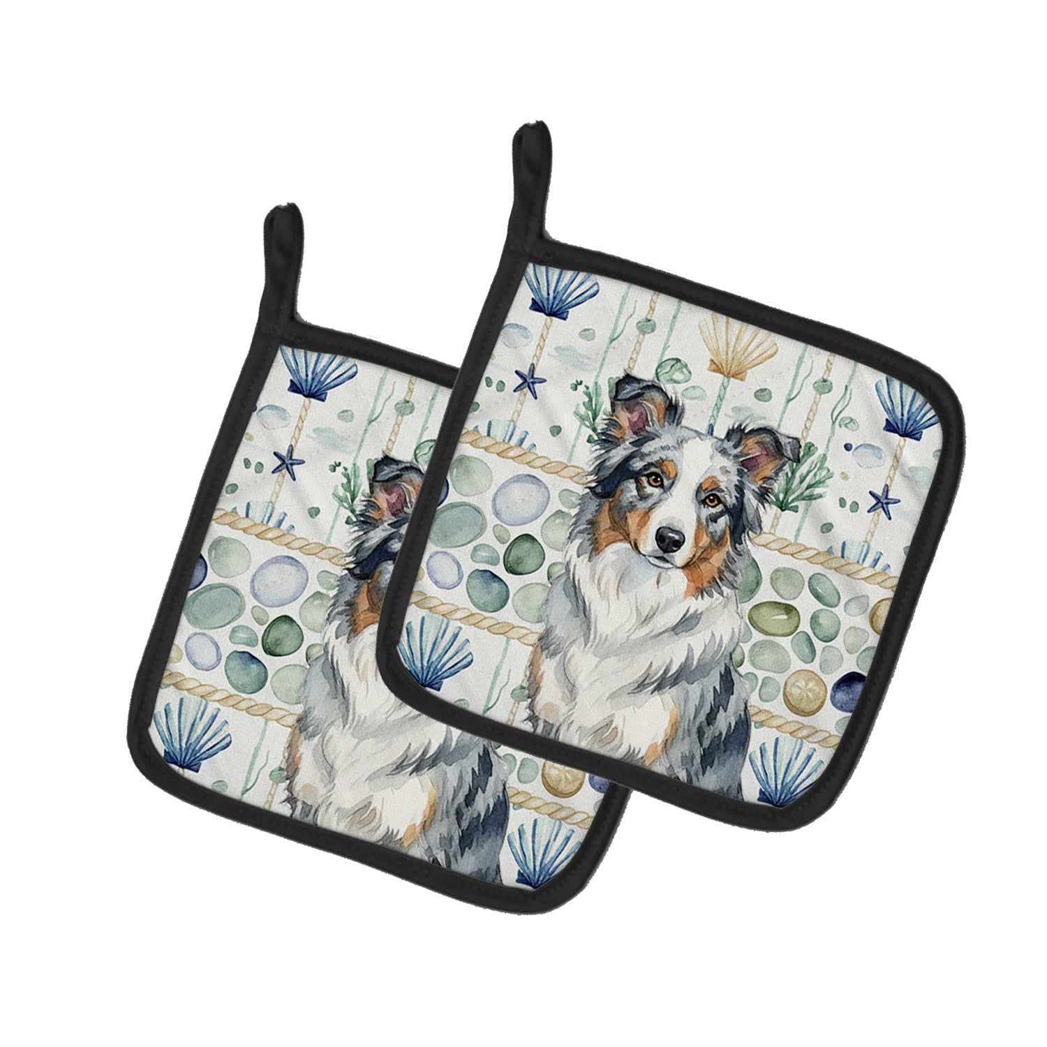 Caroline's Treasures Blue Merle Border Collie Coastal Sea Glass Pair of Pot Holders