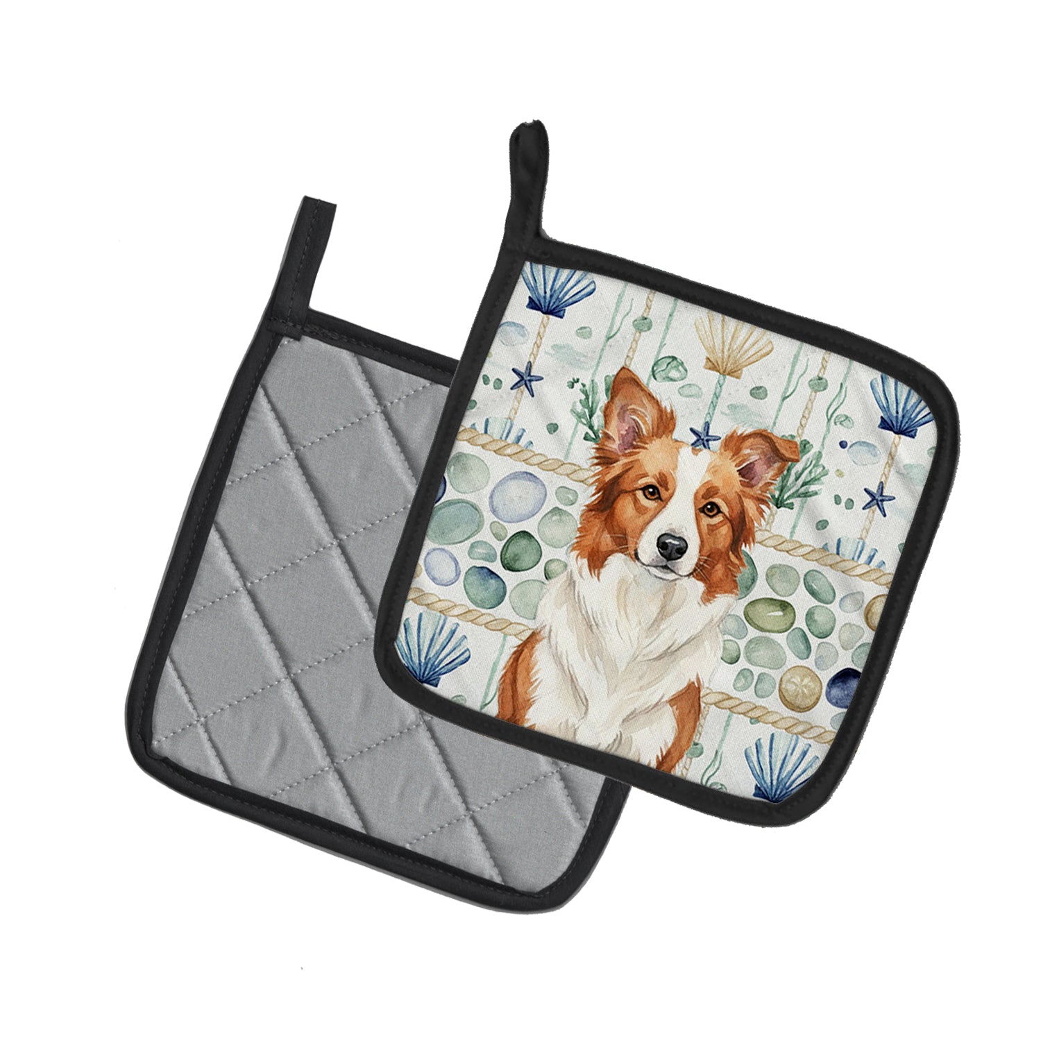 Caroline's Treasures Red and White Border Collie Coastal Sea Glass Pair of Pot Holders
