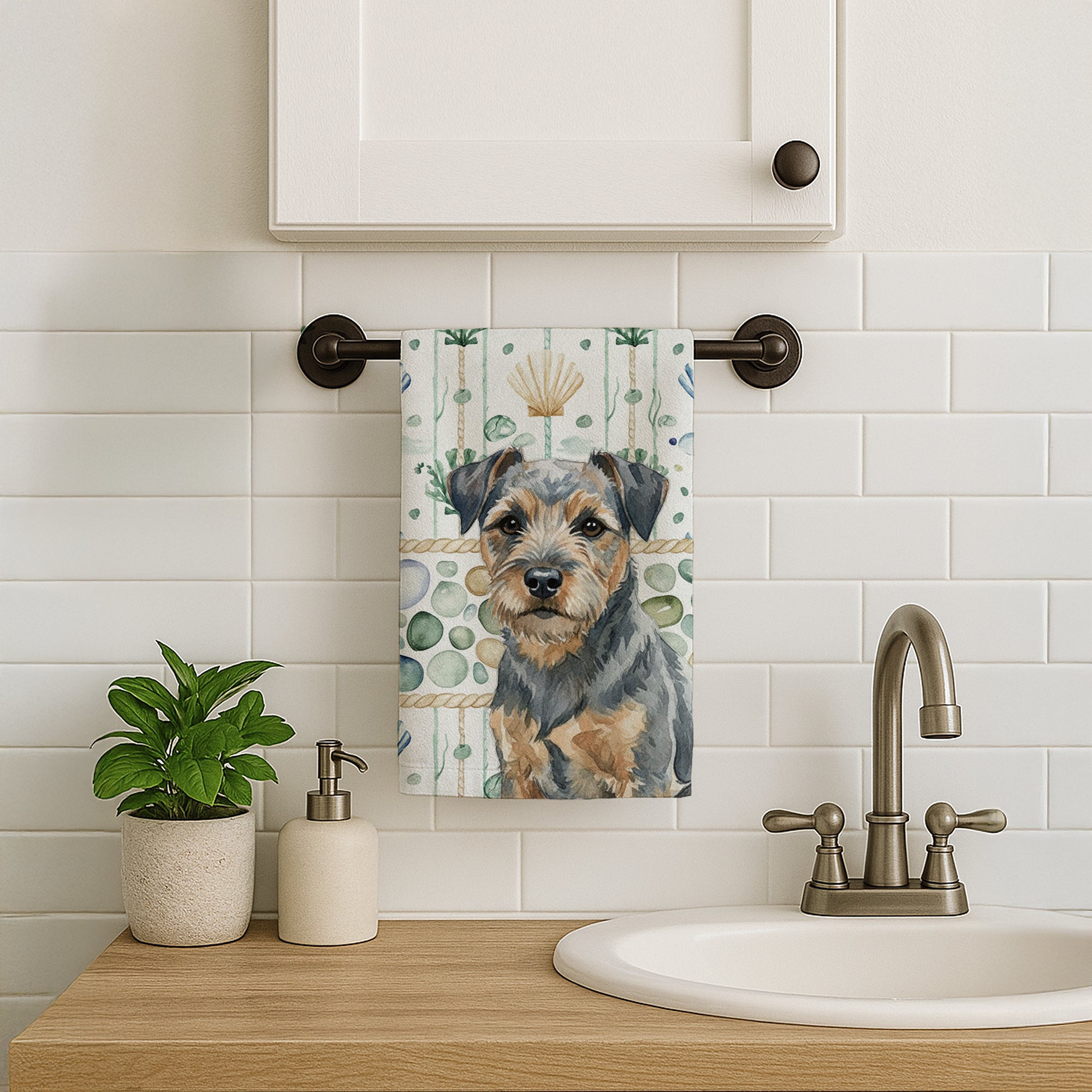 Caroline's Treasures Blue and Tan Border Terrier Coastal Sea Glass Kitchen Towel