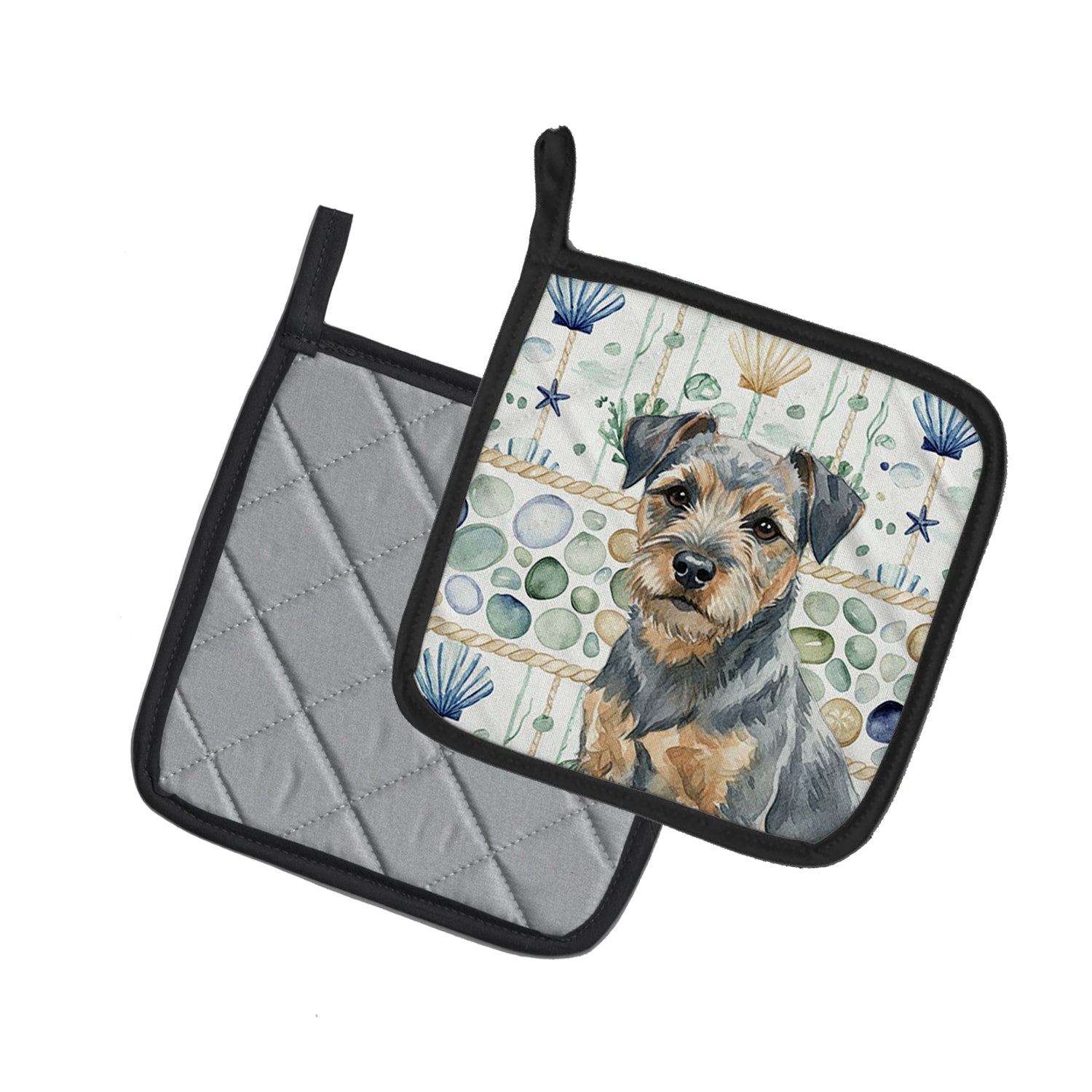 Caroline's Treasures Blue and Tan Border Terrier Coastal Sea Glass Pair of Pot Holders