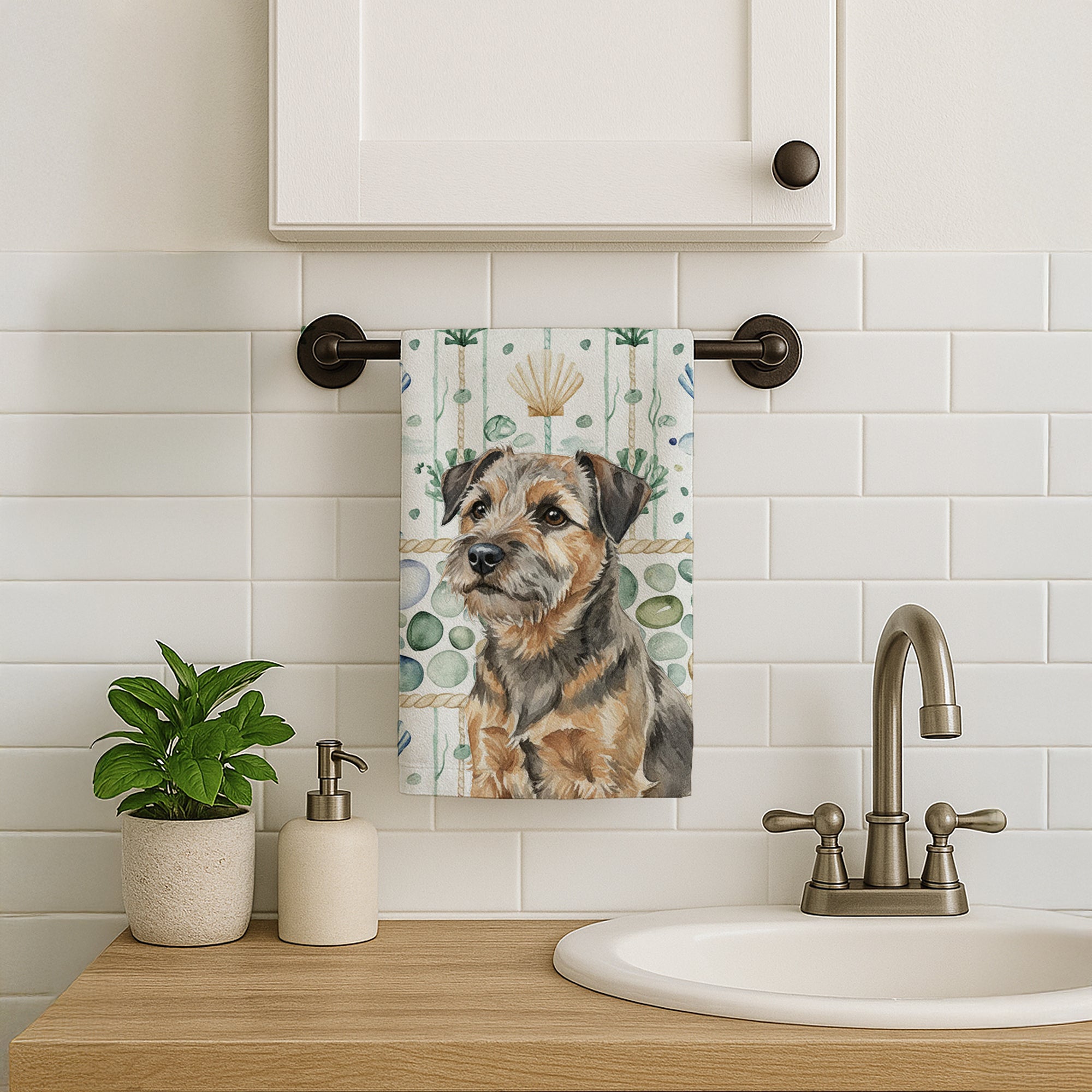 Caroline's Treasures Grizzle and Tan Border Terrier Coastal Sea Glass Kitchen Towel