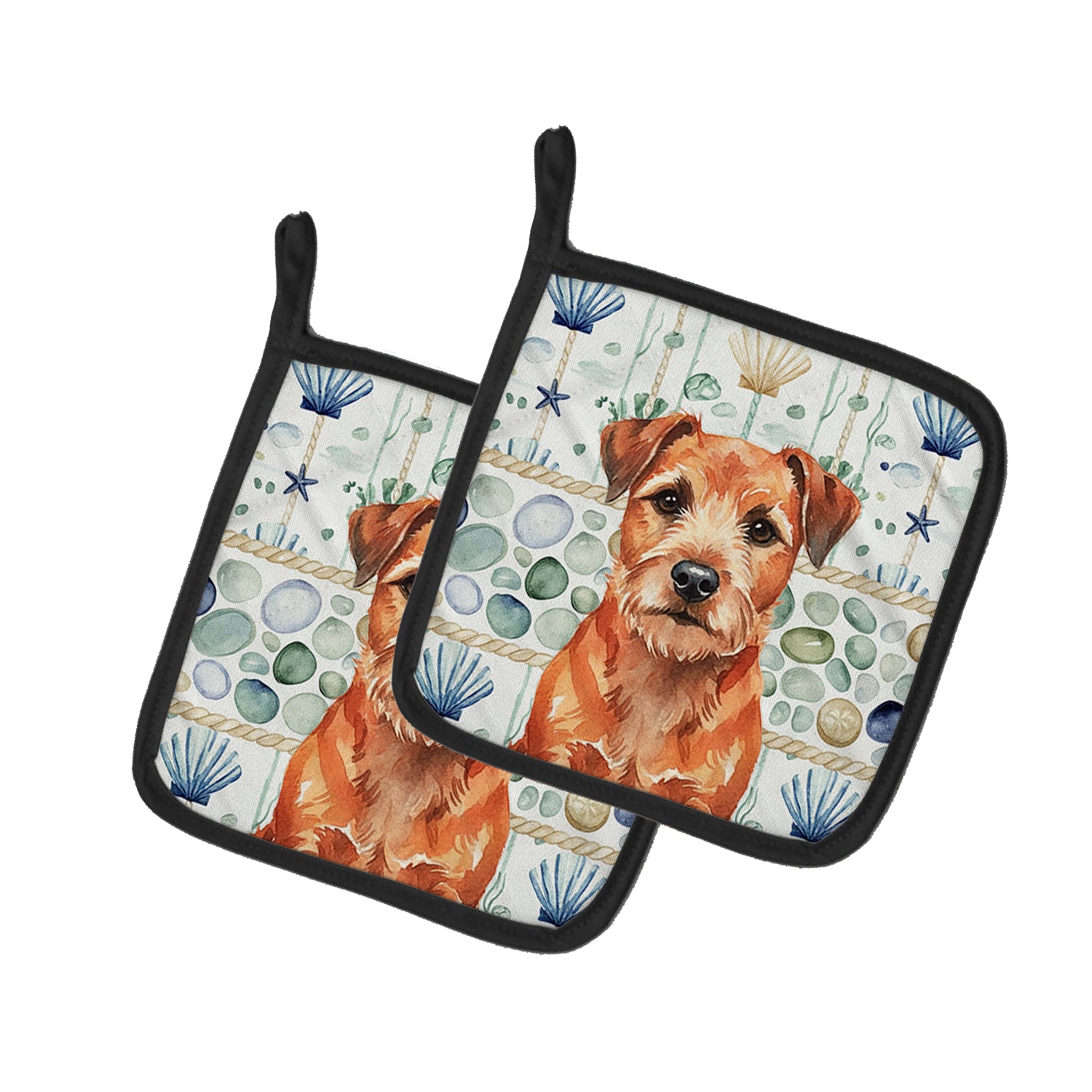 Caroline's Treasures Red Border Terrier Coastal Sea Glass Pair of Pot Holders