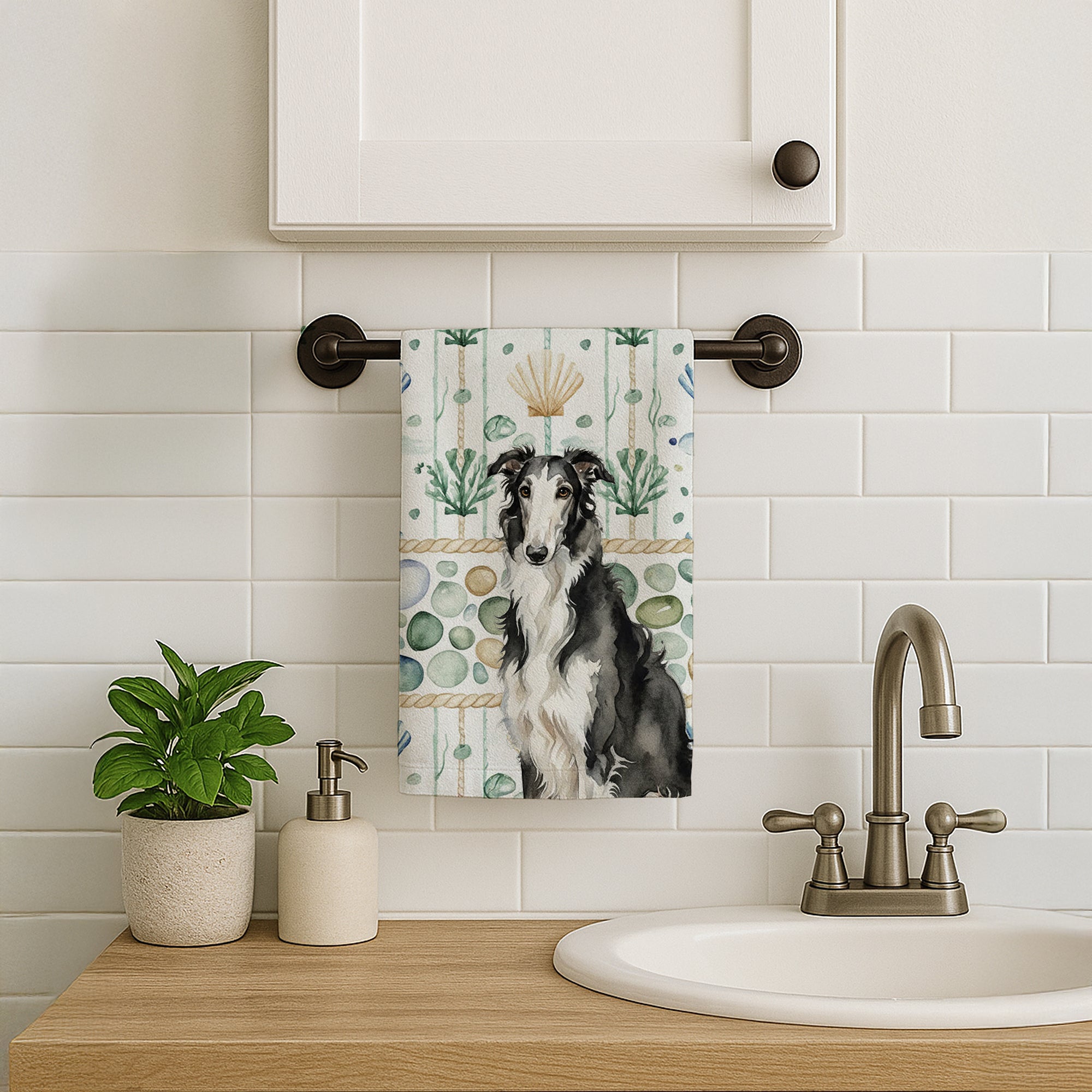 Caroline's Treasures Black and White Borzoi Coastal Sea Glass Kitchen Towel