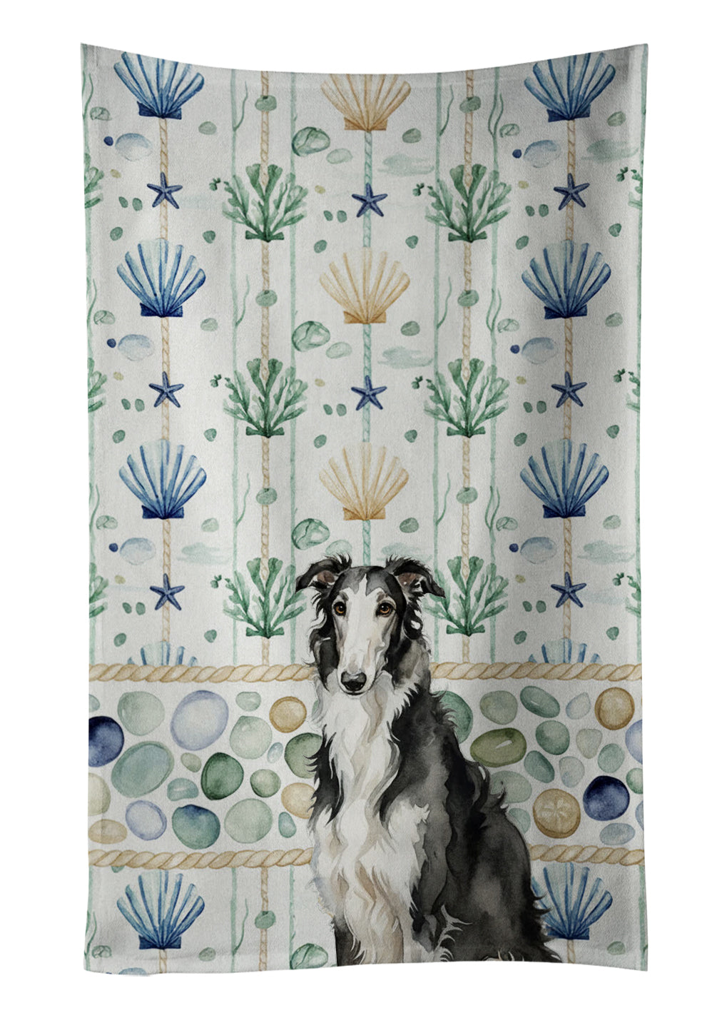Caroline's Treasures Black and White Borzoi Coastal Sea Glass Kitchen Towel