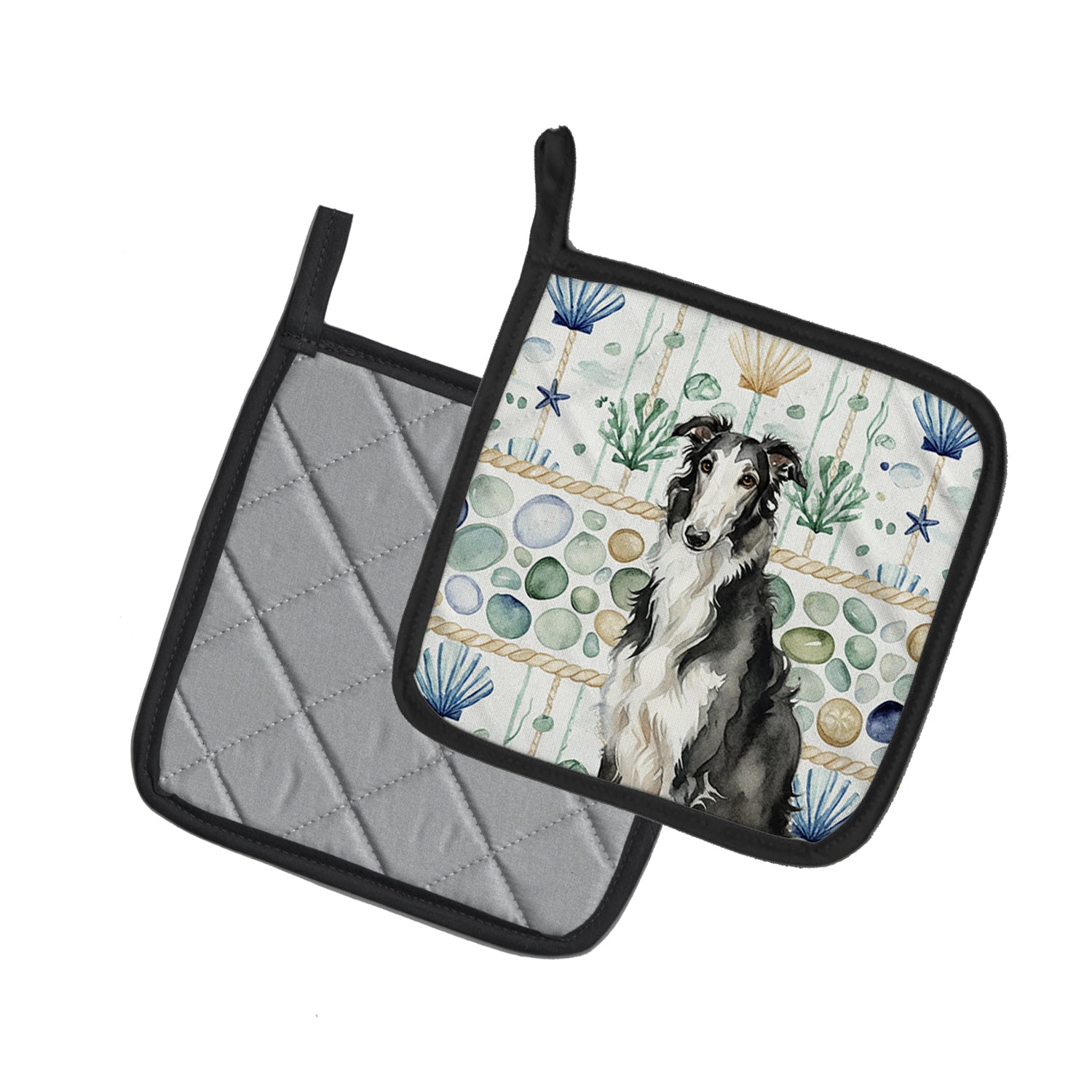 Caroline's Treasures Black and White Borzoi Coastal Sea Glass Pair of Pot Holders