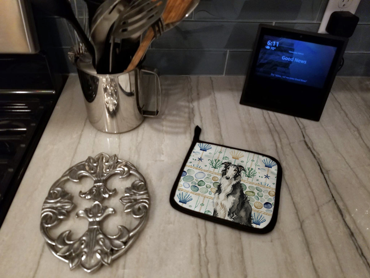 Caroline's Treasures Black and White Borzoi Coastal Sea Glass Pair of Pot Holders