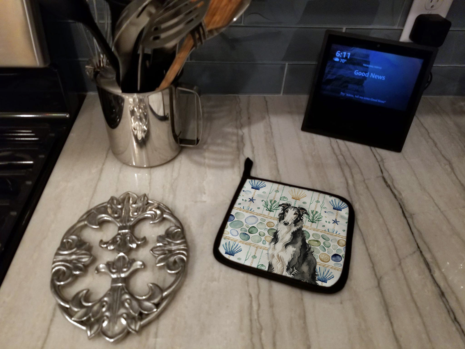 Caroline's Treasures Black and White Borzoi Coastal Sea Glass Pair of Pot Holders