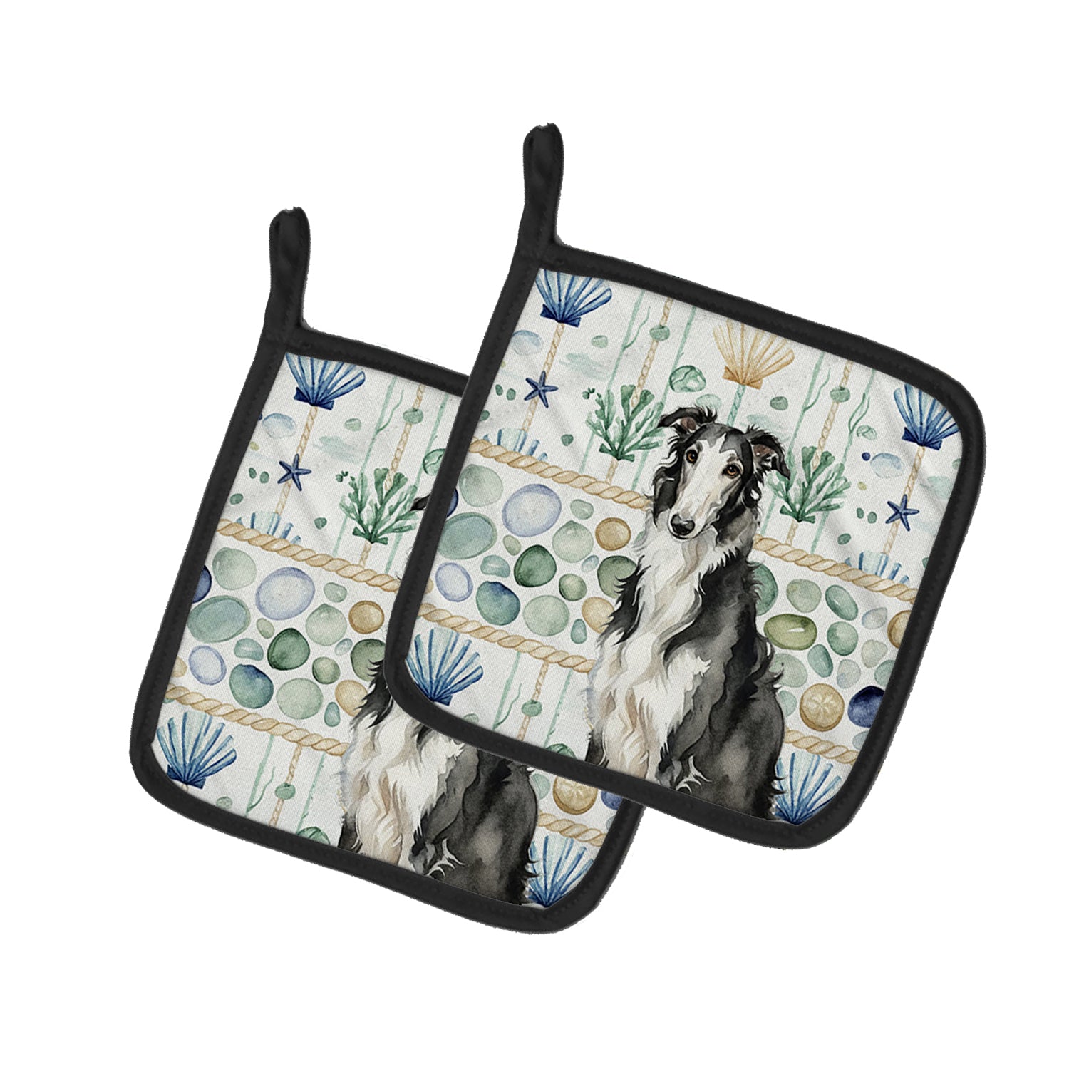 Caroline's Treasures Black and White Borzoi Coastal Sea Glass Pair of Pot Holders