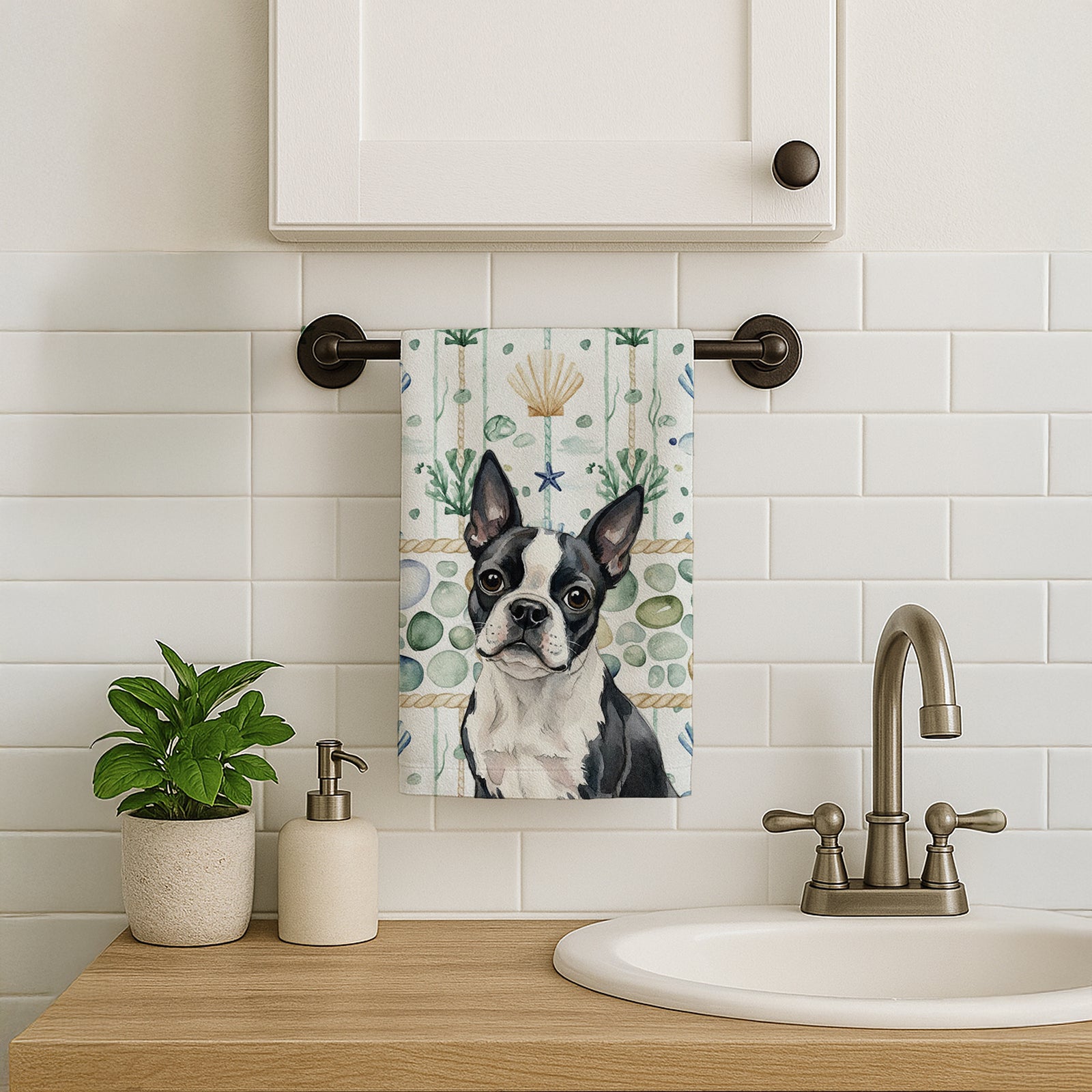 Caroline's Treasures Boston Terrier Coastal Sea Glass Kitchen Towel