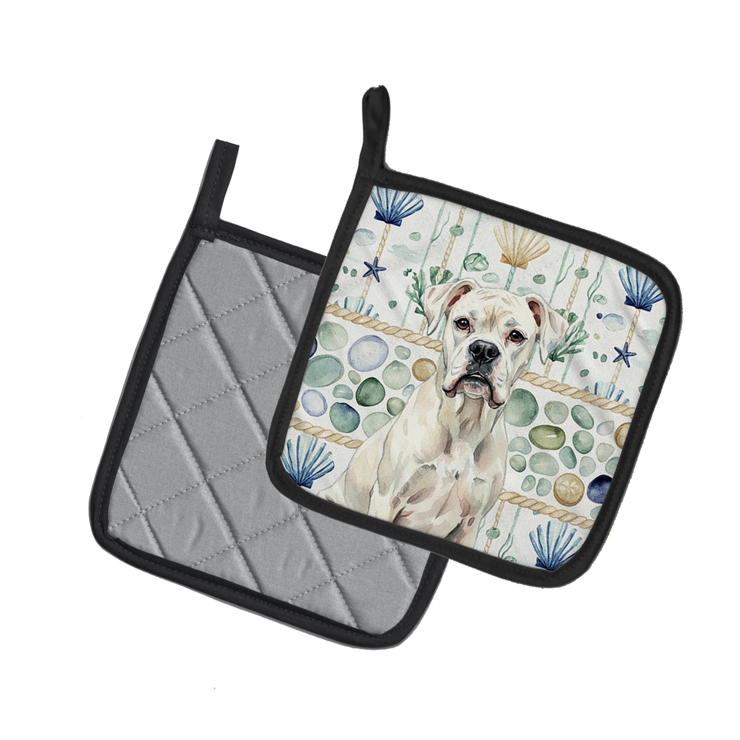 Caroline's Treasures White Boxer Coastal Sea Glass Pair of Pot Holders