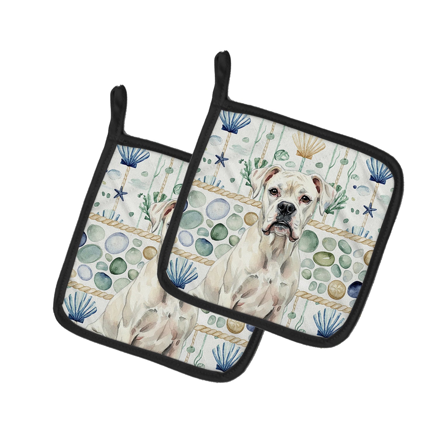 Caroline's Treasures White Boxer Coastal Sea Glass Pair of Pot Holders