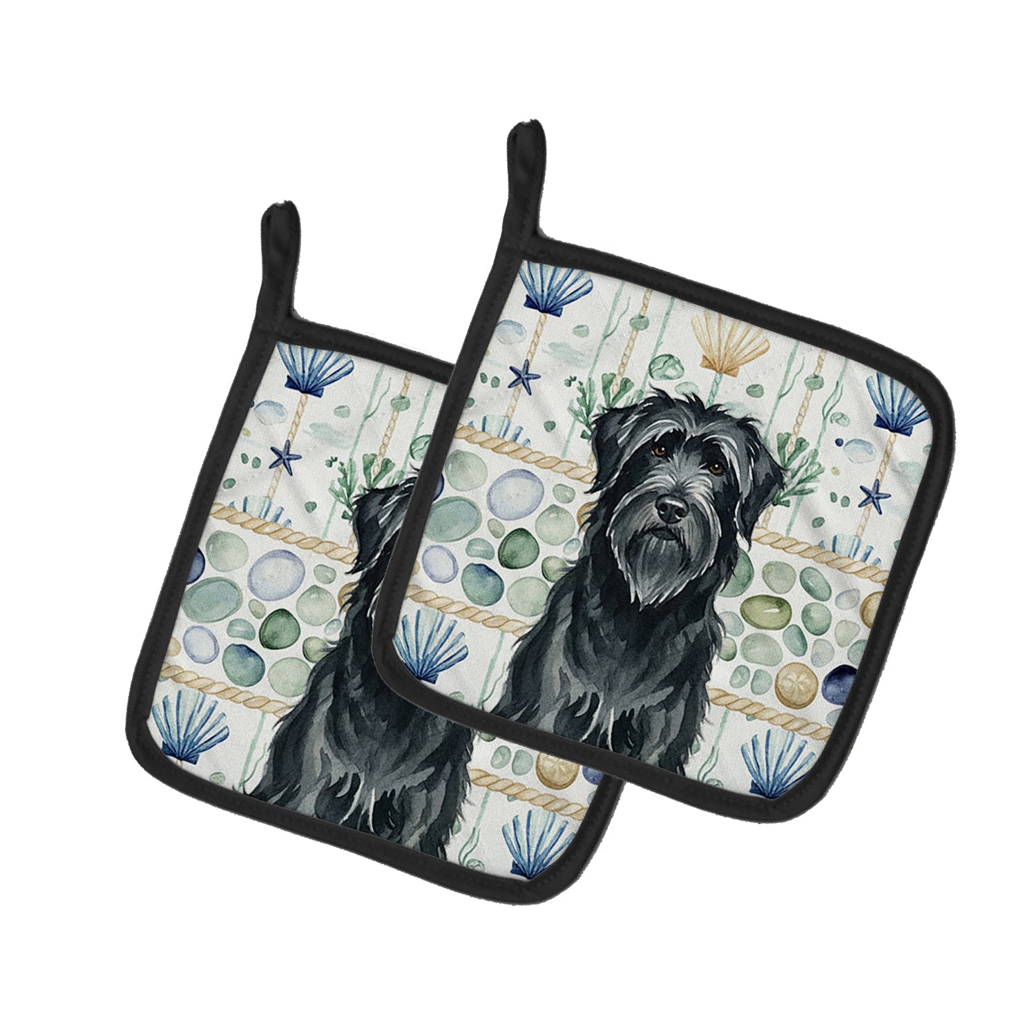 Caroline's Treasures Black Briard Coastal Sea Glass Pair of Pot Holders