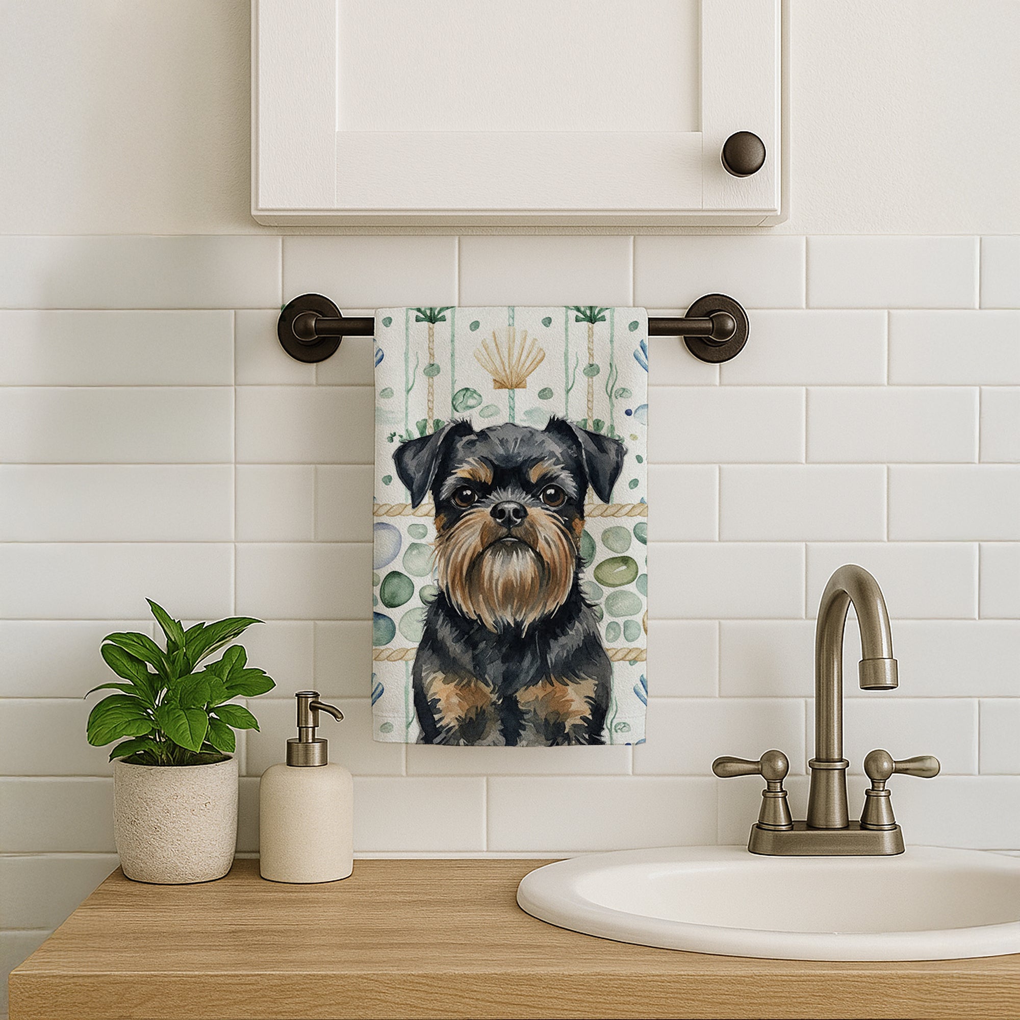Caroline's Treasures Black and Tan Brussels Griffon Coastal Sea Glass Kitchen Towel