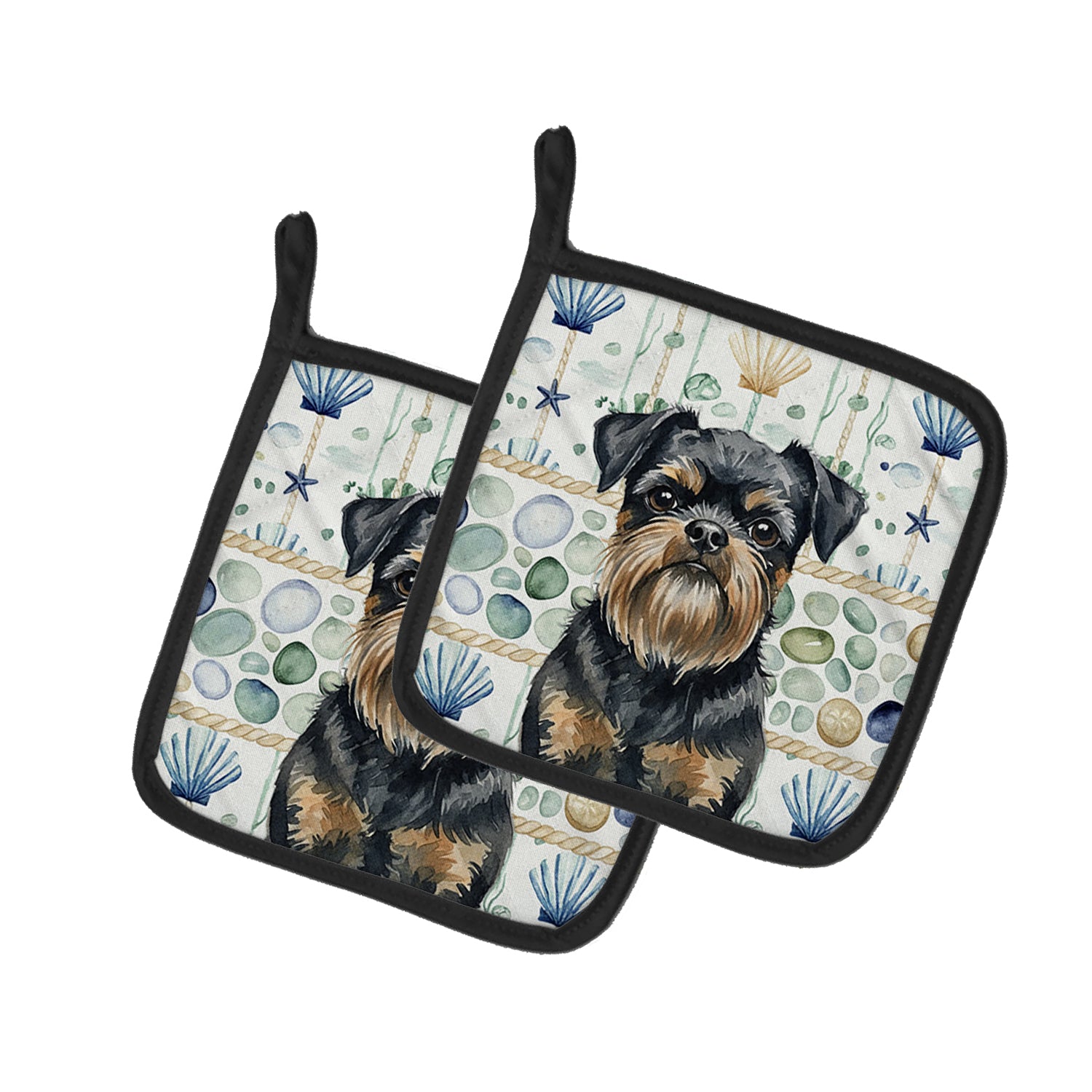 Caroline's Treasures Black and Tan Brussels Griffon Coastal Sea Glass Pair of Pot Holders