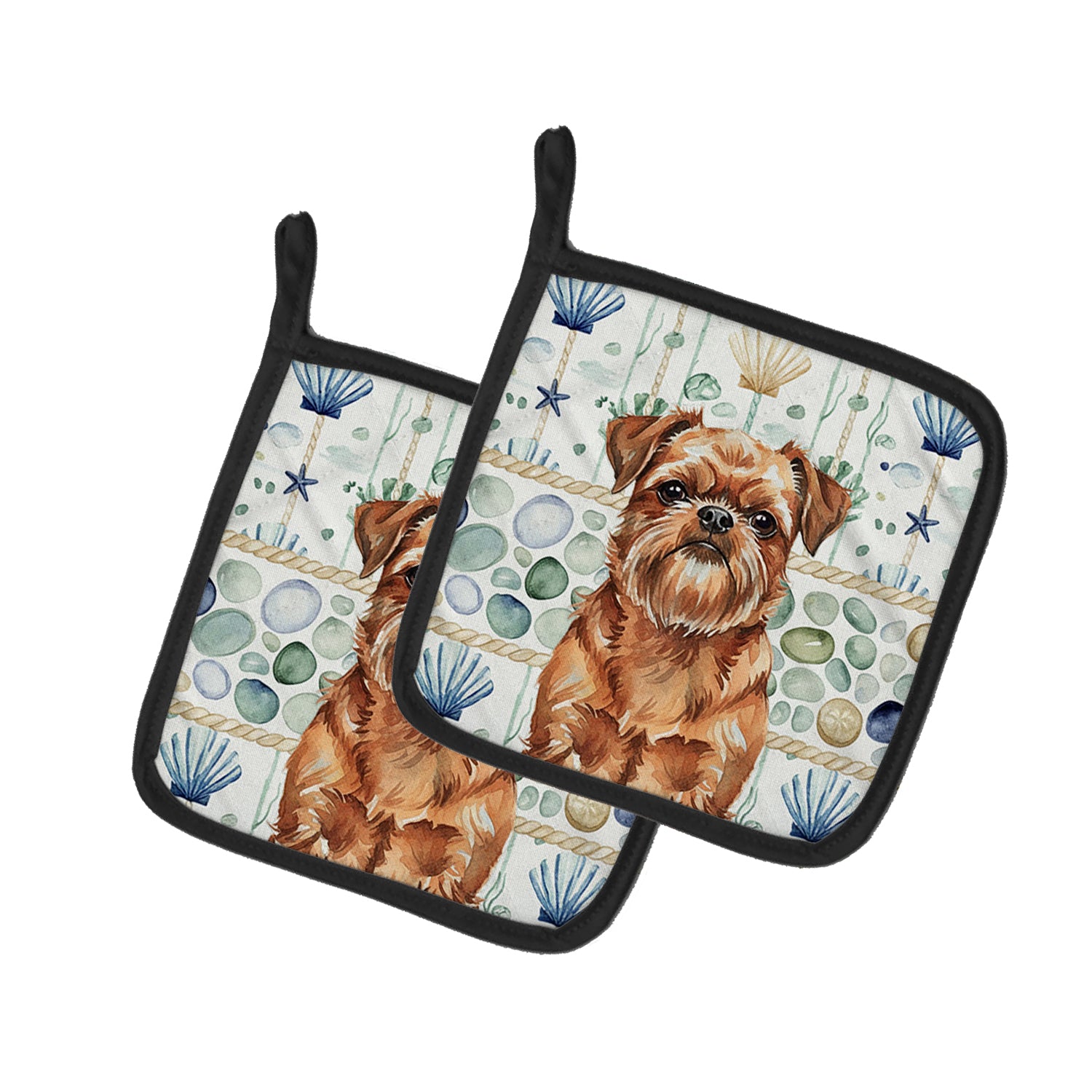 Caroline's Treasures Red Brussels Griffon Coastal Sea Glass Pair of Pot Holders