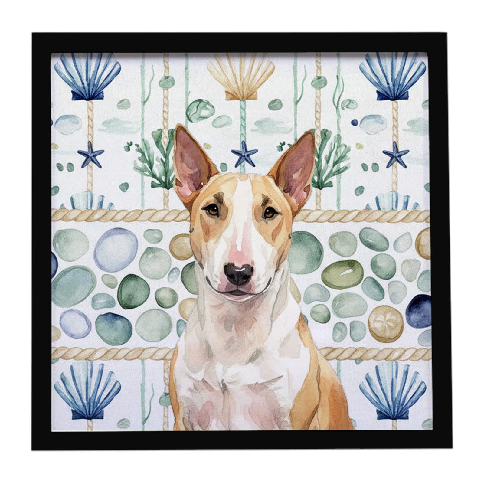 Caroline's Treasures Fawn and White Bull Terrier Coastal Sea Glass Framed Metal Print