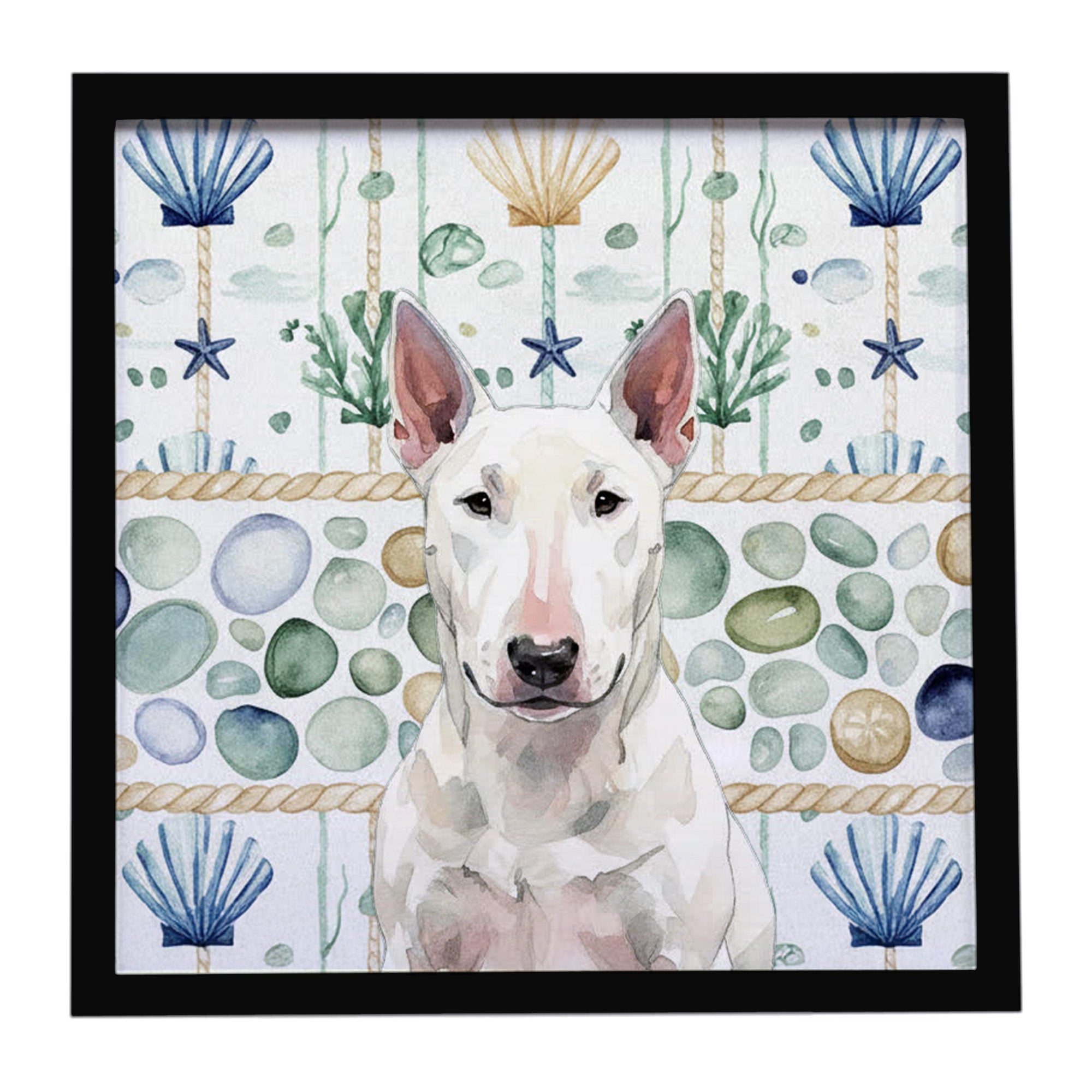 Caroline's Treasures White Bull Terrier Coastal Sea Glass Framed Metal Print