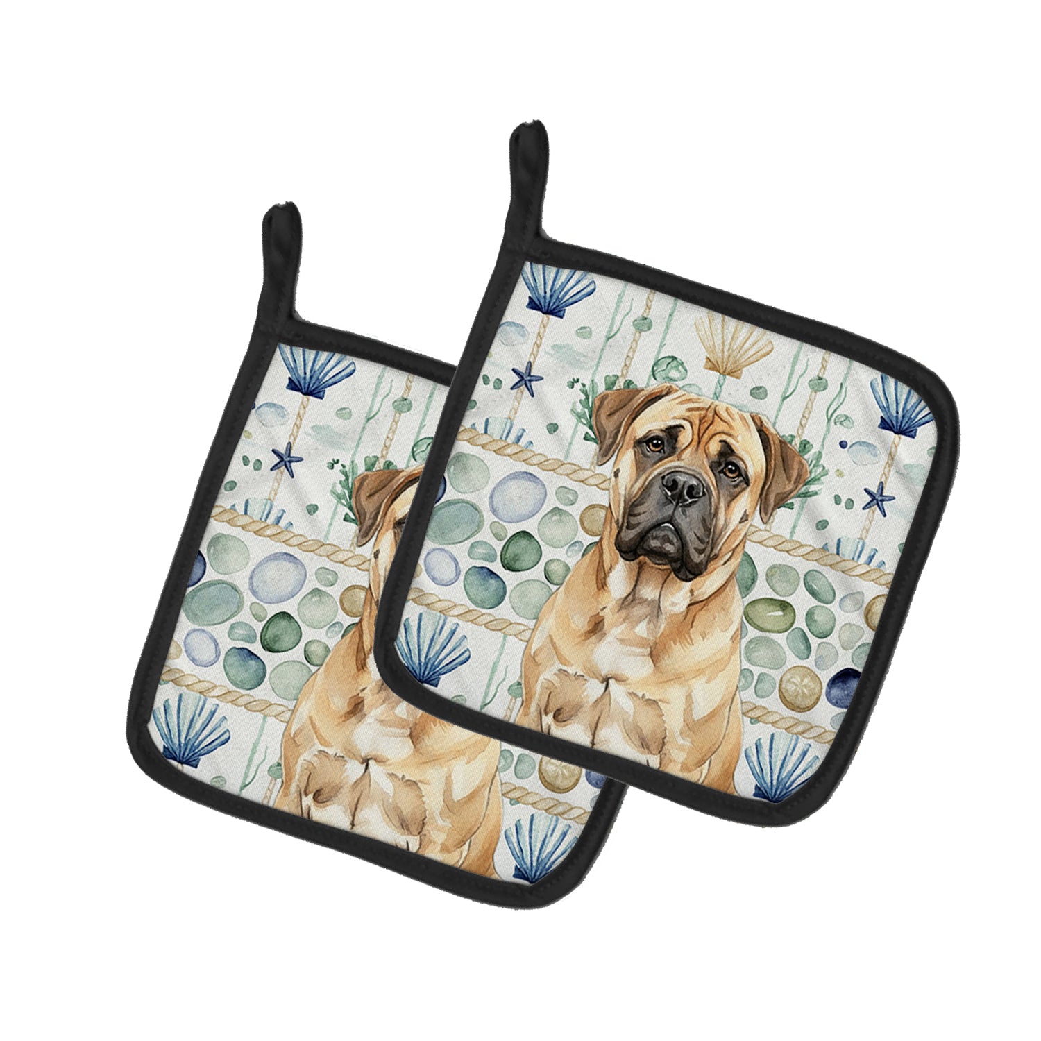Caroline's Treasures Bullmastiff Coastal Sea Glass Pair of Pot Holders