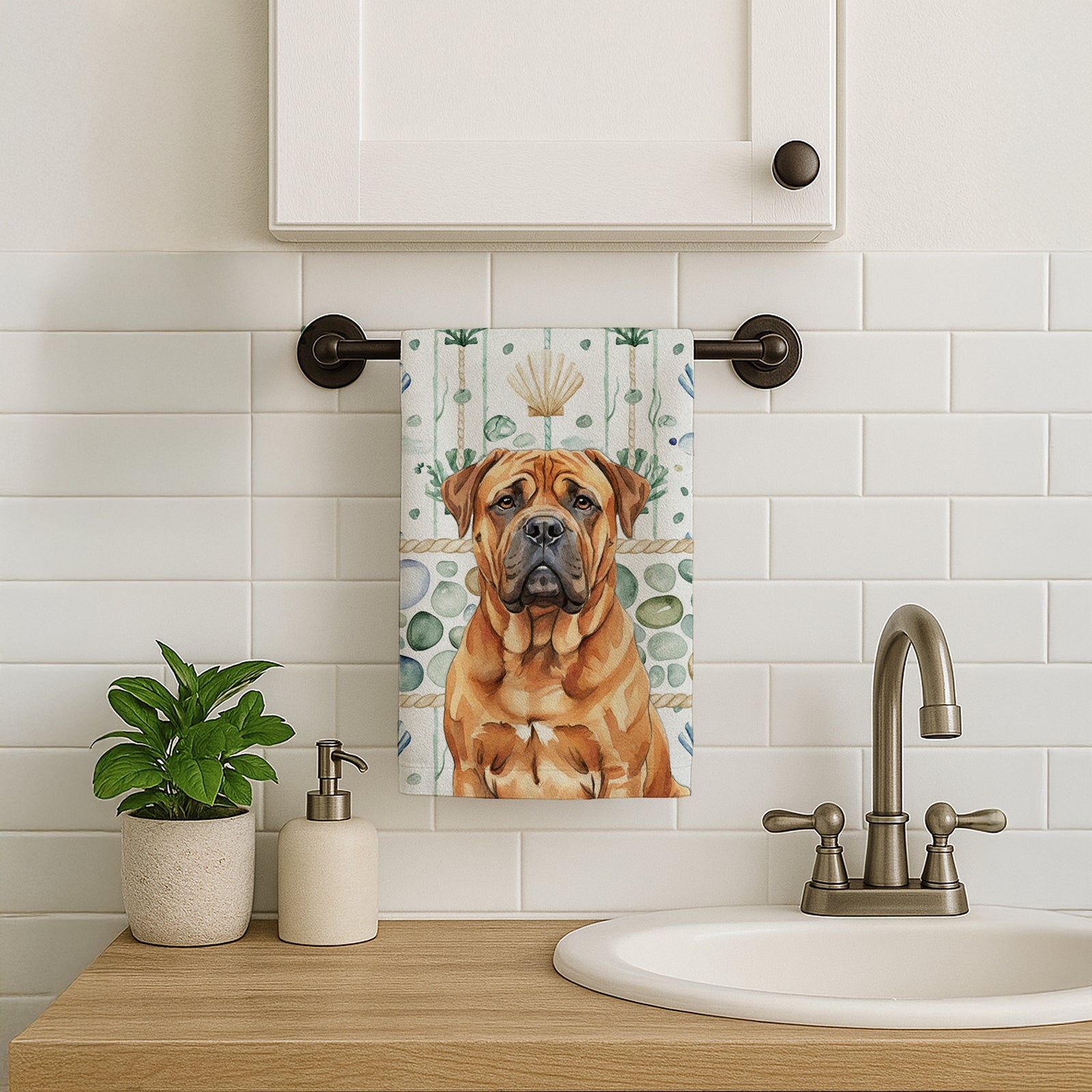 Caroline's Treasures Red Bullmastiff Coastal Sea Glass Kitchen Towel