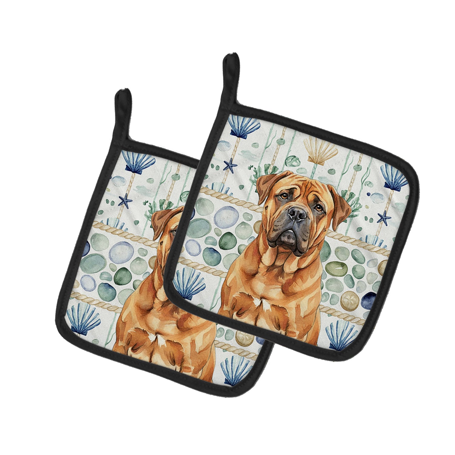 Caroline's Treasures Red Bullmastiff Coastal Sea Glass Pair of Pot Holders