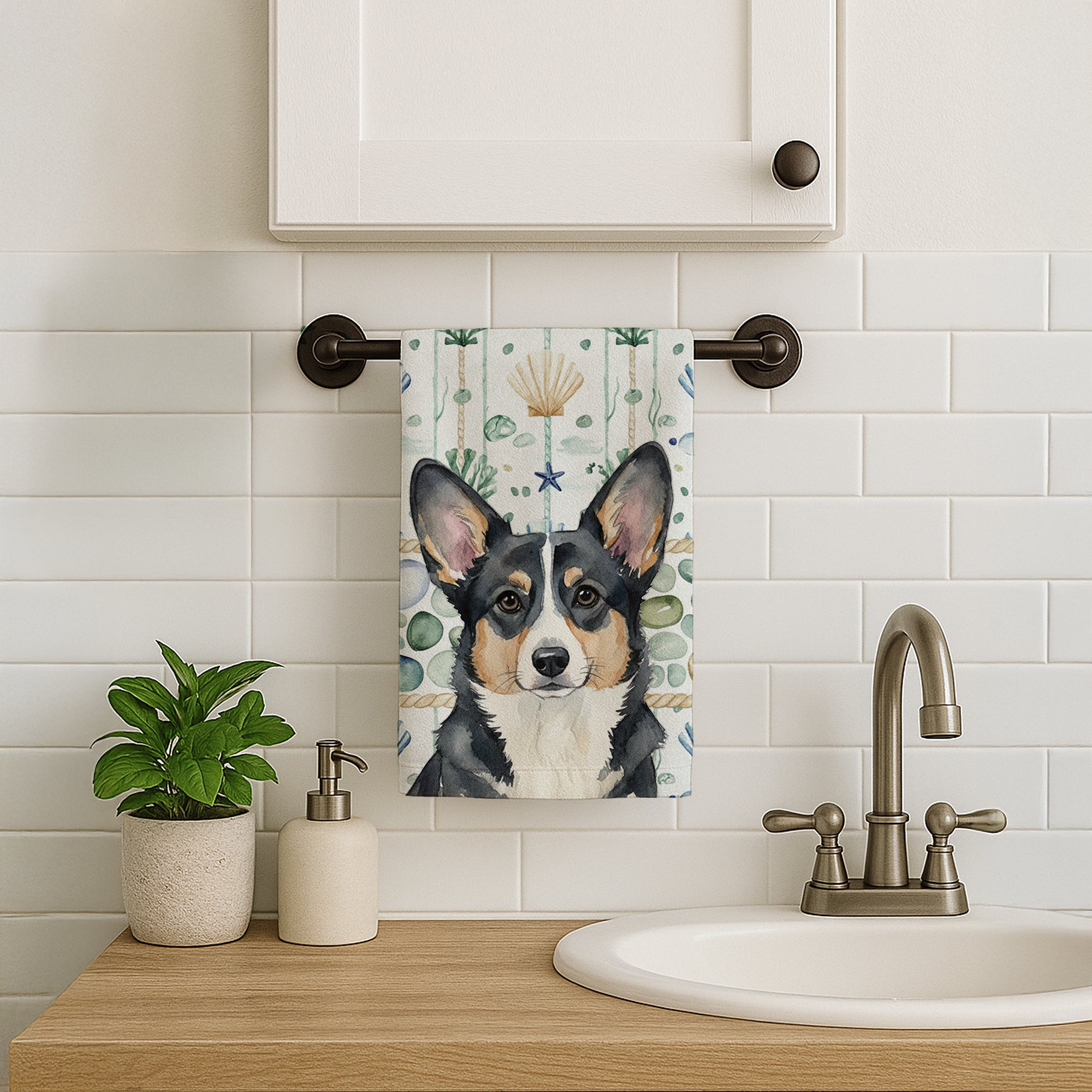 Caroline's Treasures Black and White Cardigan Welsh Corgi Coastal Sea Glass Kitchen Towel
