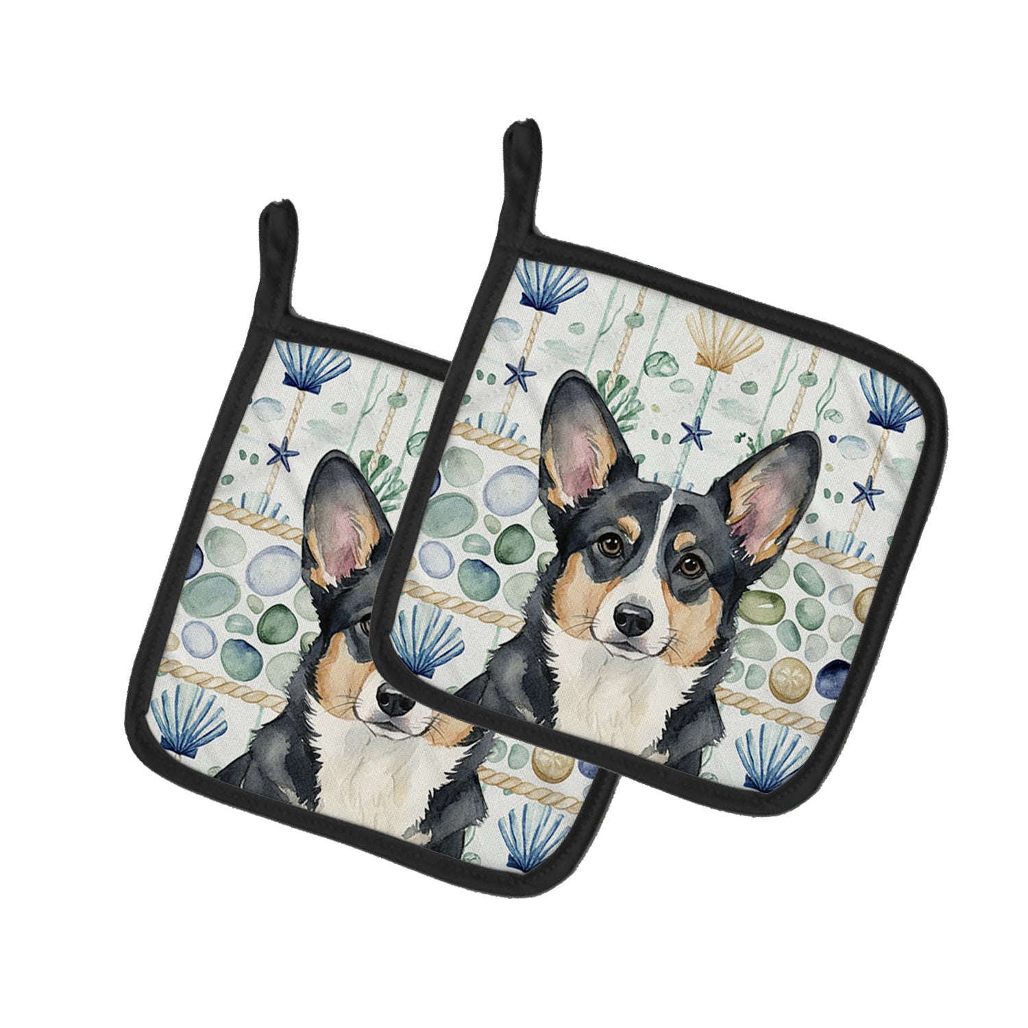 Caroline's Treasures Black and White Cardigan Welsh Corgi Coastal Sea Glass Pair of Pot Holders
