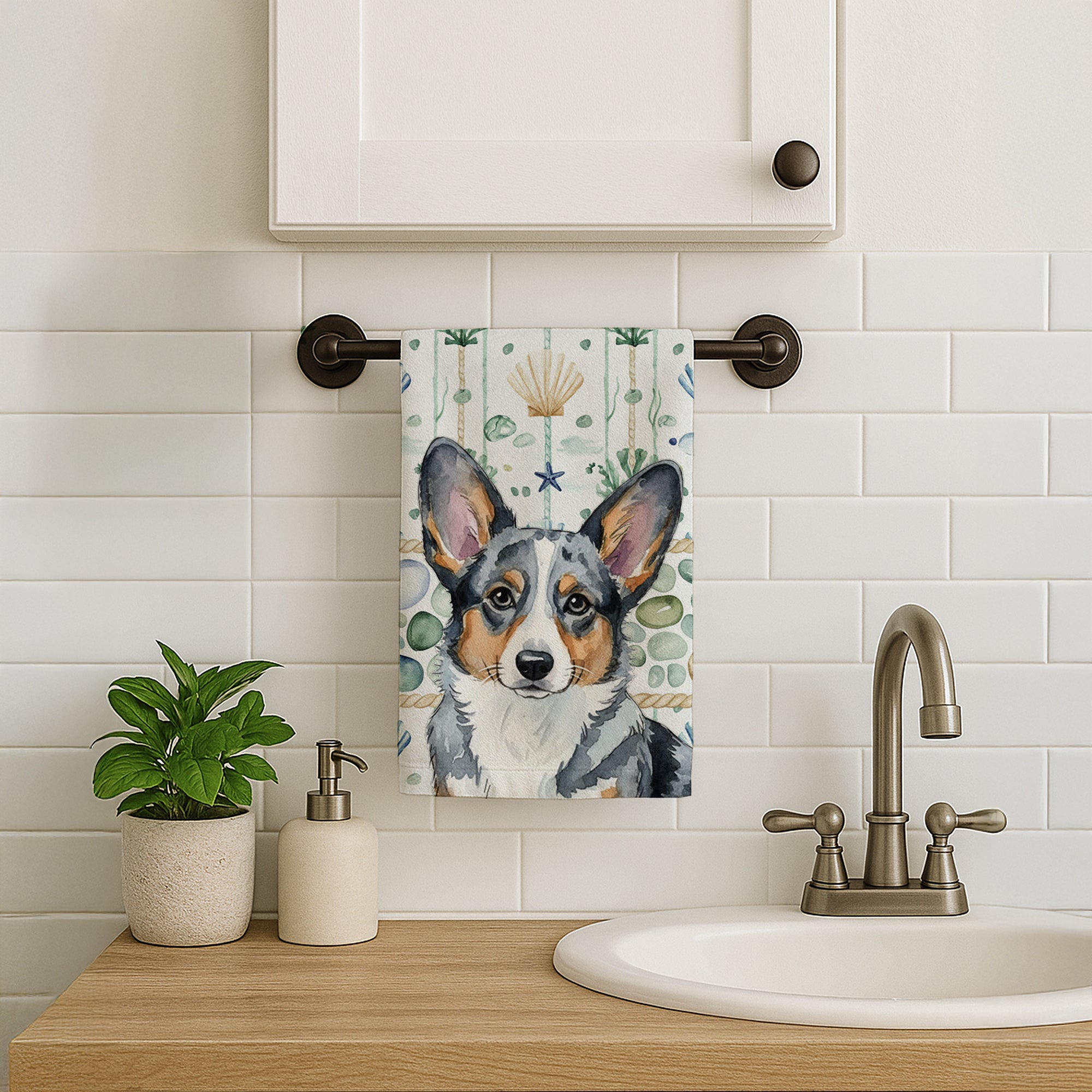 Caroline's Treasures Blue Merle Cardigan Welsh Corgi Coastal Sea Glass Kitchen Towel