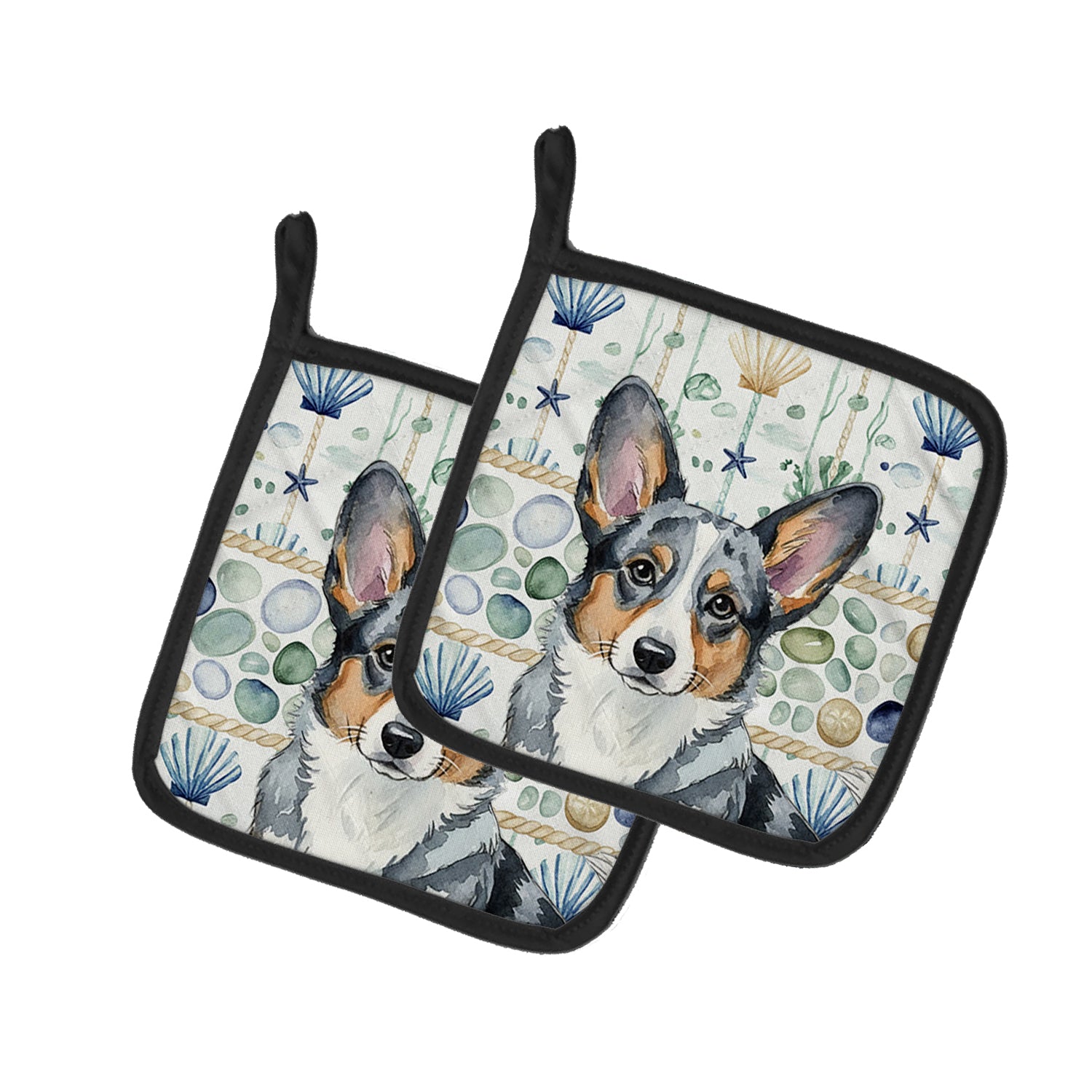 Caroline's Treasures Blue Merle Cardigan Welsh Corgi Coastal Sea Glass Pair of Pot Holders