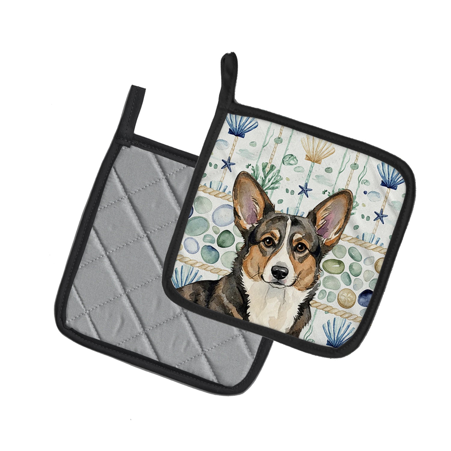 Caroline's Treasures Brindle Cardigan Welsh Corgi Coastal Sea Glass Pair of Pot Holders