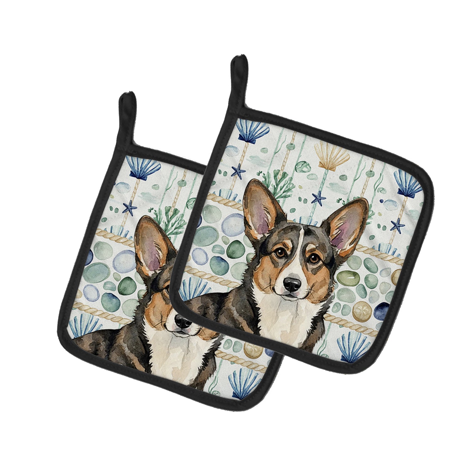 Caroline's Treasures Brindle Cardigan Welsh Corgi Coastal Sea Glass Pair of Pot Holders