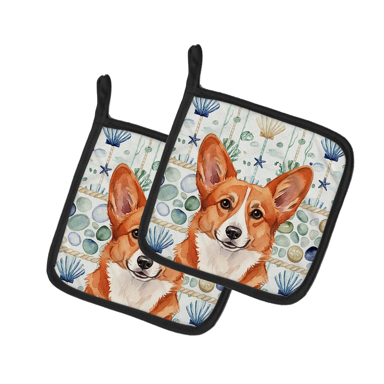 Caroline's Treasures Red Cardigan Welsh Corgi Coastal Sea Glass Pair of Pot Holders