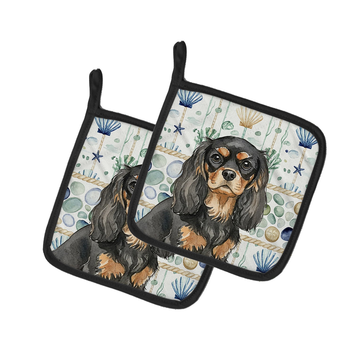Caroline's Treasures Black and Tan Cavalier Spaniel Coastal Sea Glass Pair of Pot Holders
