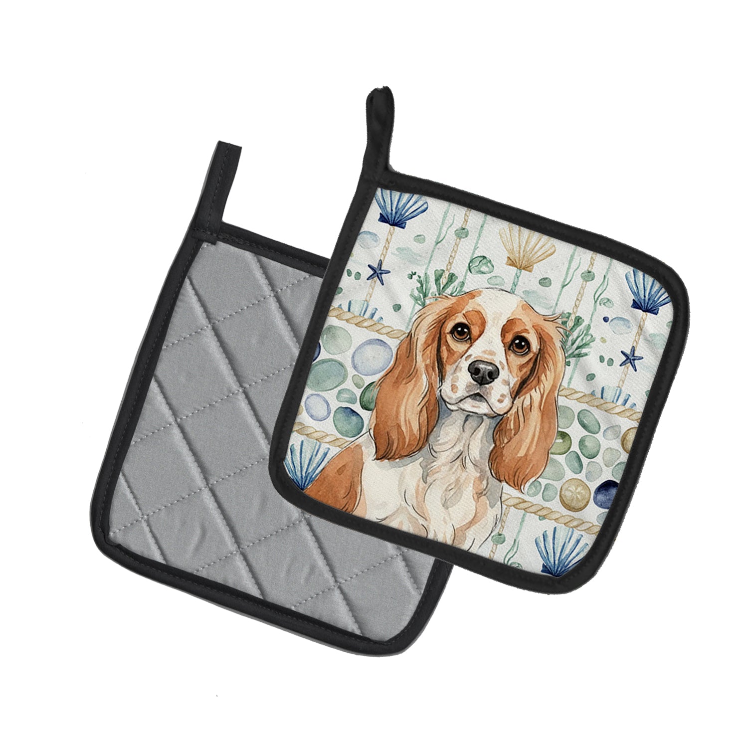Caroline's Treasures Blenheim Cavalier Spaniel Coastal Sea Glass Pair of Pot Holders