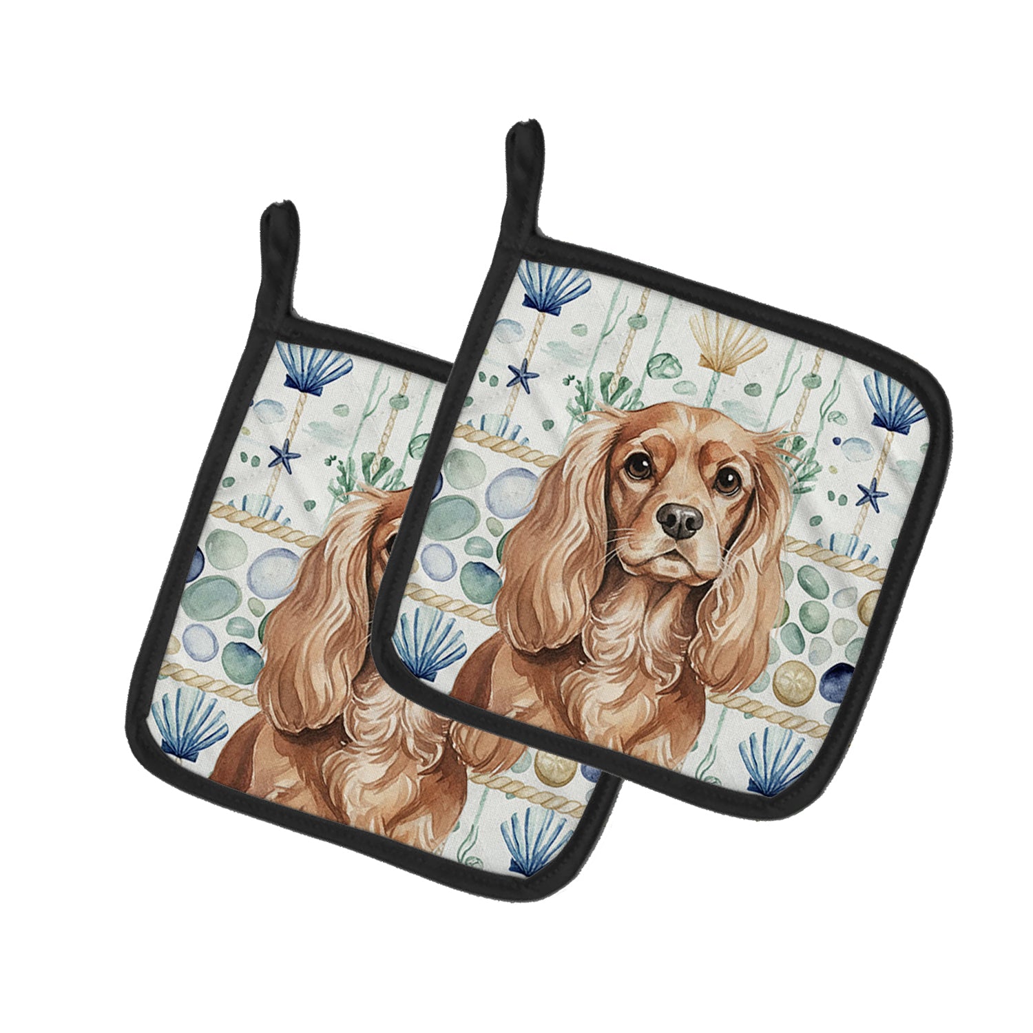 Caroline's Treasures Ruby Cavalier Spaniel Coastal Sea Glass Pair of Pot Holders