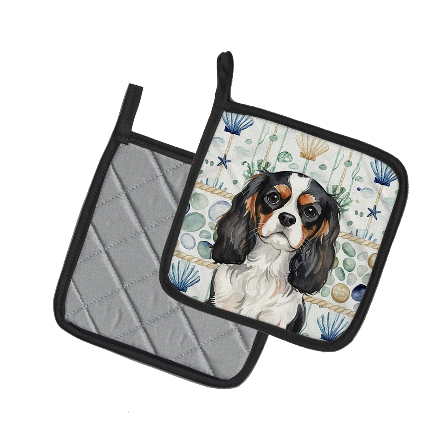 Caroline's Treasures Tricolor Cavalier Spaniel Coastal Sea Glass Pair of Pot Holders