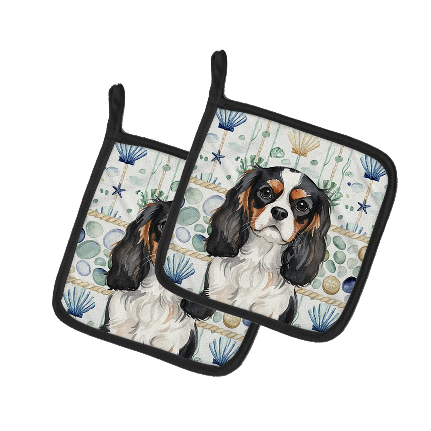 Caroline's Treasures Tricolor Cavalier Spaniel Coastal Sea Glass Pair of Pot Holders