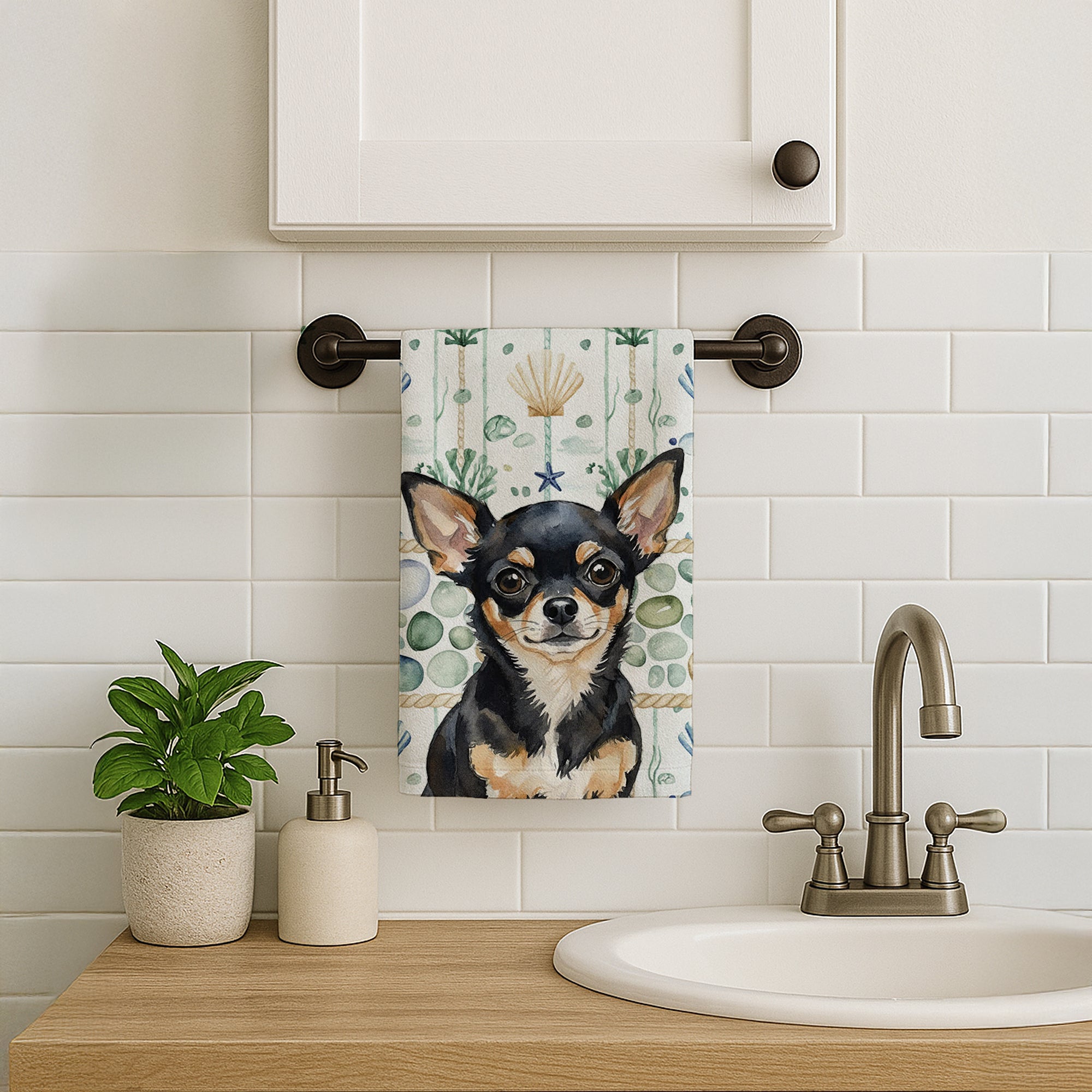 Caroline's Treasures Black and Tan Chihuahua Coastal Sea Glass Kitchen Towel