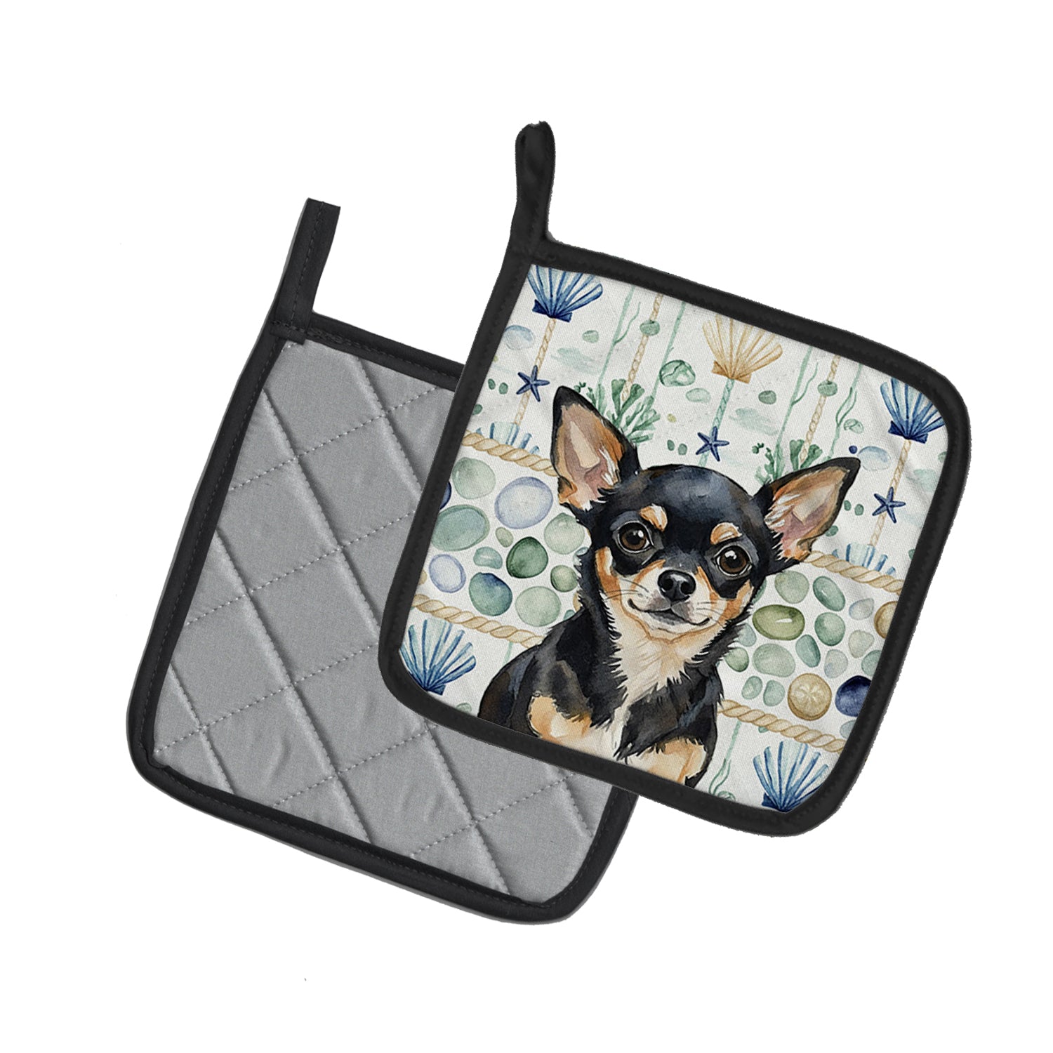 Caroline's Treasures Black and Tan Chihuahua Coastal Sea Glass Pair of Pot Holders